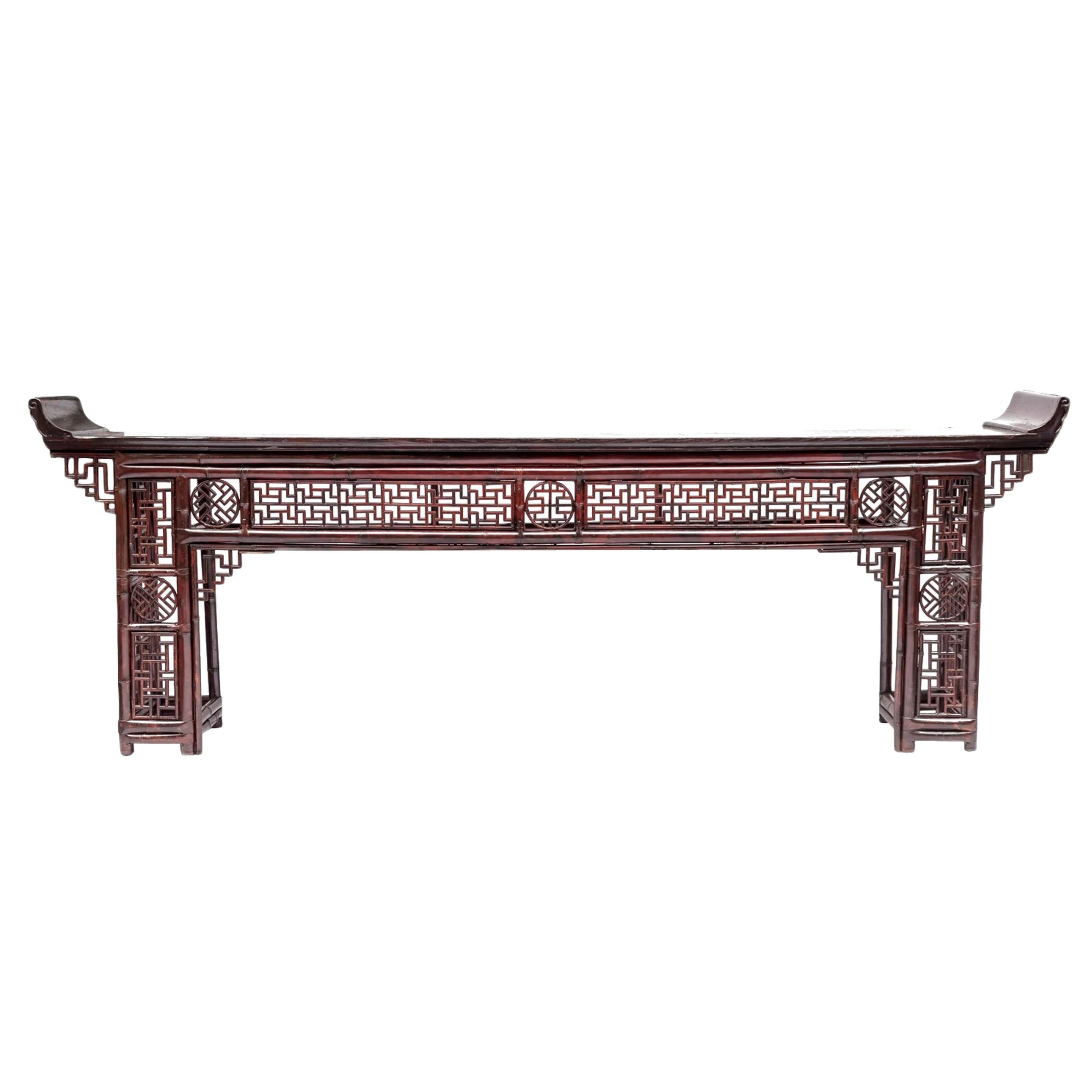 Large Chinese Console in Red Lacquered Bamboo, Late 19th Century
