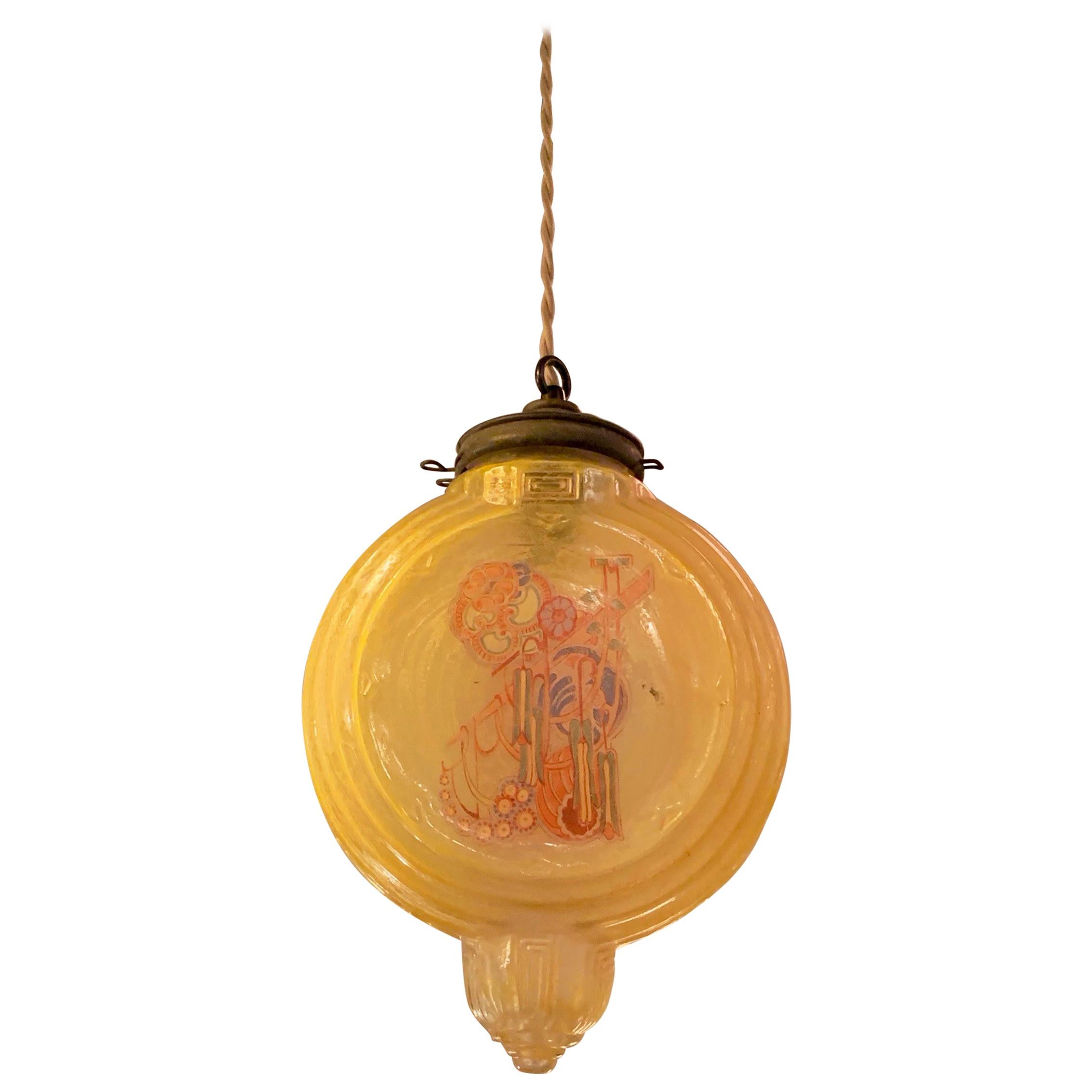 Art Deco Amber Glass Chinoiserie Pendant Light