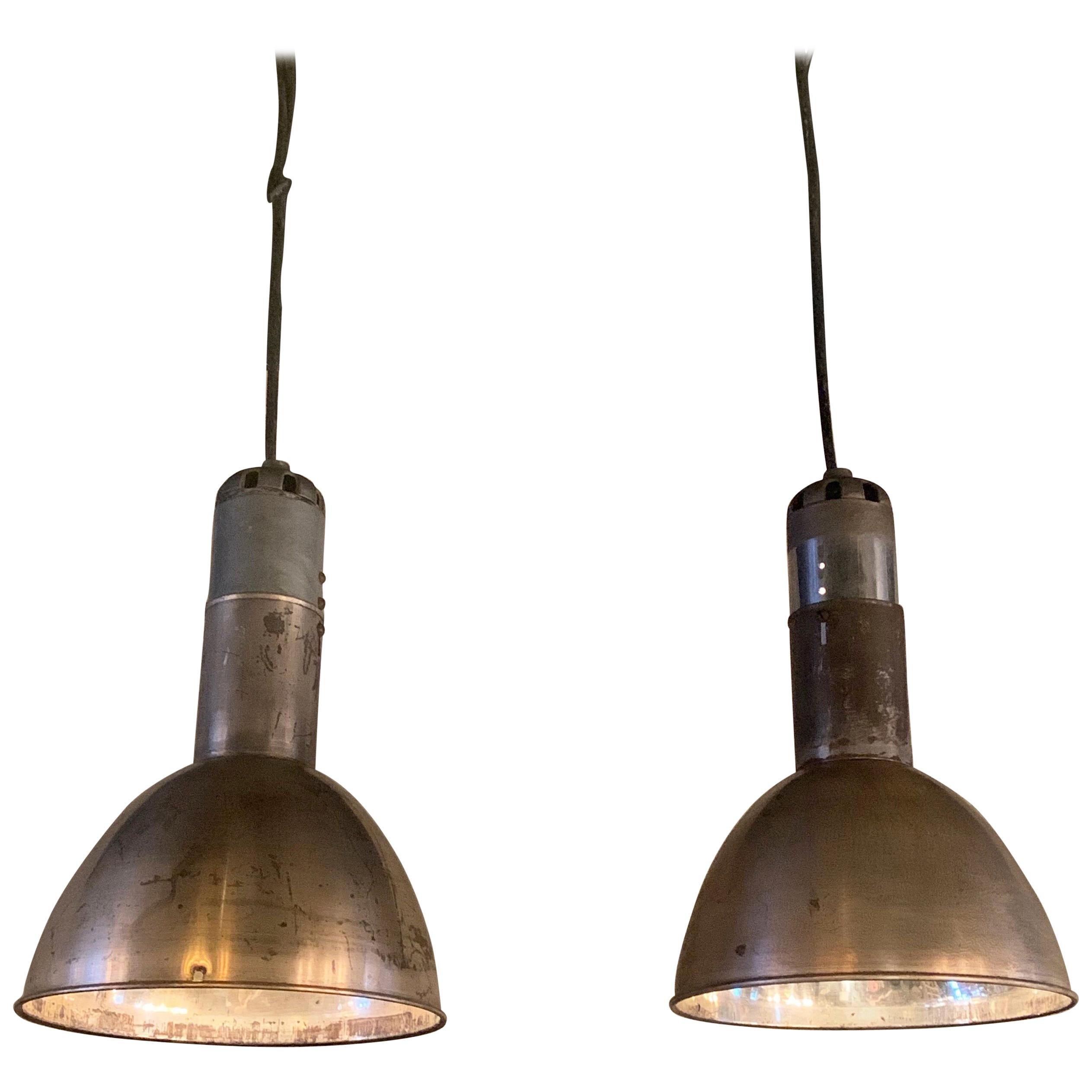 Pair of Industrial Nickel-Plated Steel Dome Factory Pendant Lights