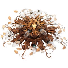 Italian Gilt Flush Mount Lighting with Glass Flowers from Bancy Florence, 1960s