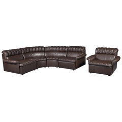 Vintage Modular Brown Leather Sofa and Armchair Set, 1980s