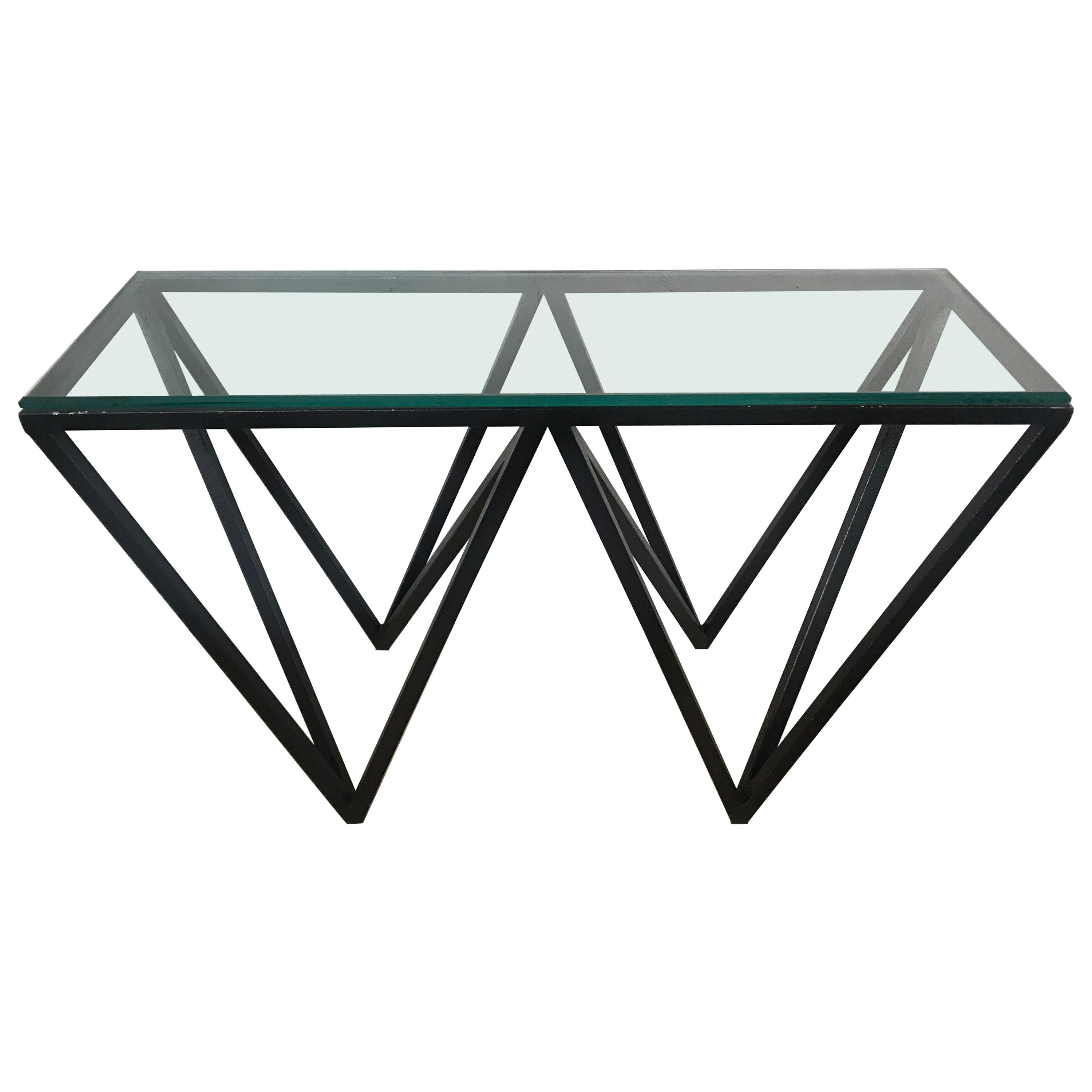Moderner architektonischer Konsolen- oder Sofatisch aus schwarzem Stahl und Glas