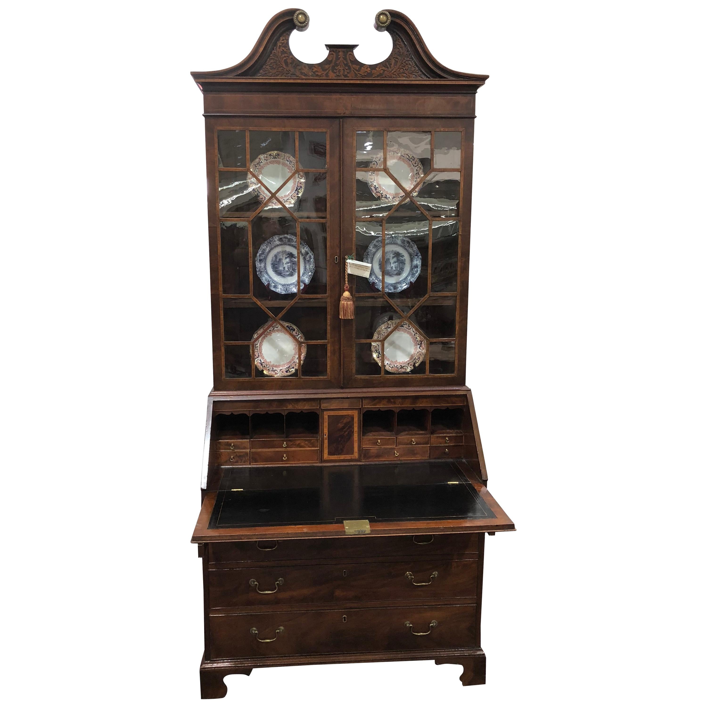 English Bureau Bookcase or Secretary, Exceptional Color and Style Inlaid Leather For Sale