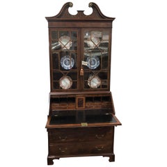 Antique English Bureau Bookcase or Secretary, Exceptional Color and Style Inlaid Leather