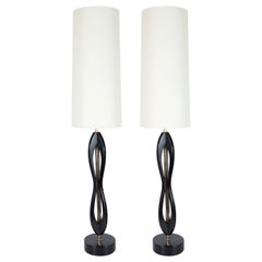 Pair of Mid-Century Modern Sculptural Ebonized Walnut and Brass Table Lamps