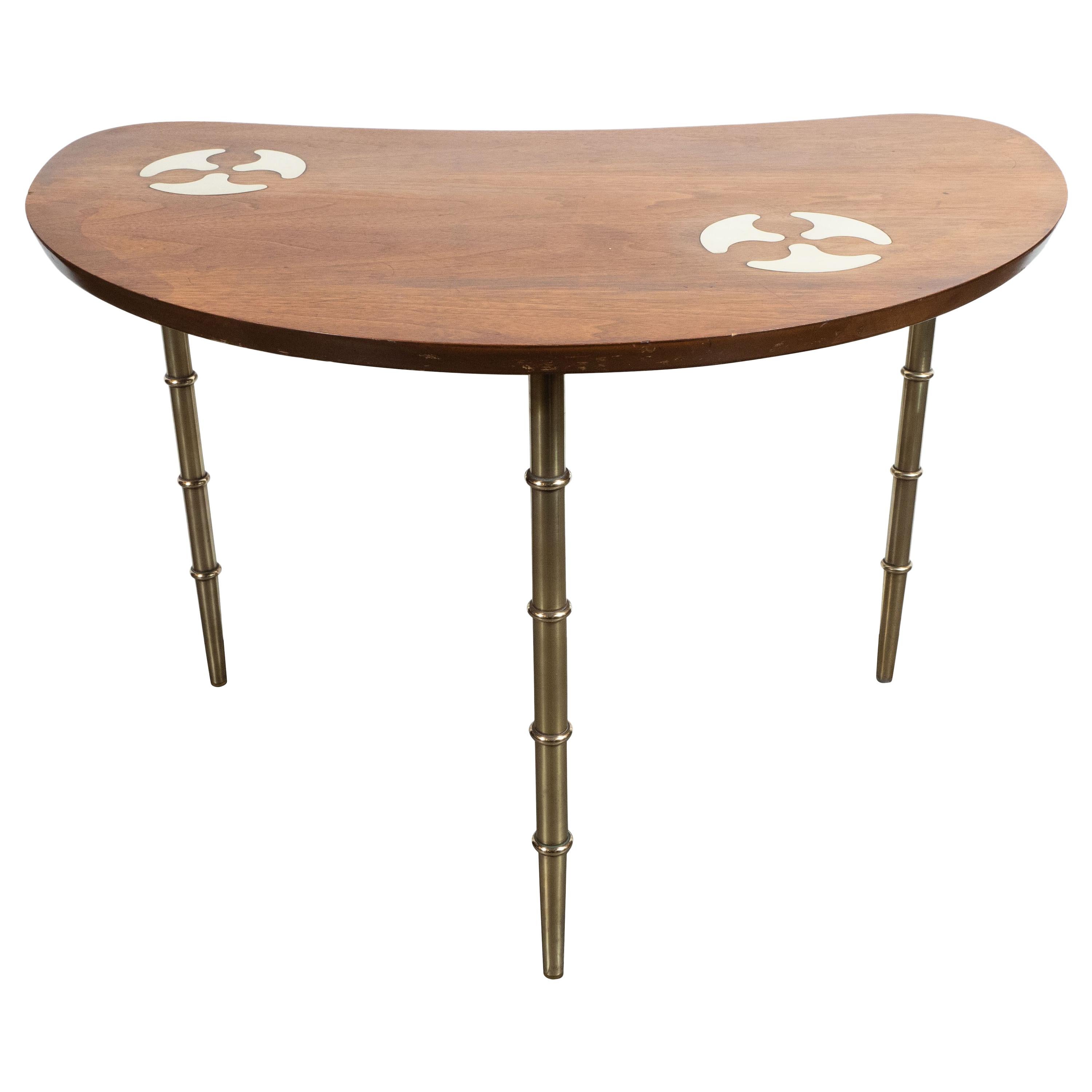 Midcentury Organic Inlaid Brass & Walnut Bowfront Side/End Table by Mastercraft For Sale