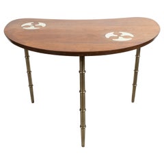 Midcentury Organic Inlaid Brass & Walnut Bowfront Side/End Table by Mastercraft