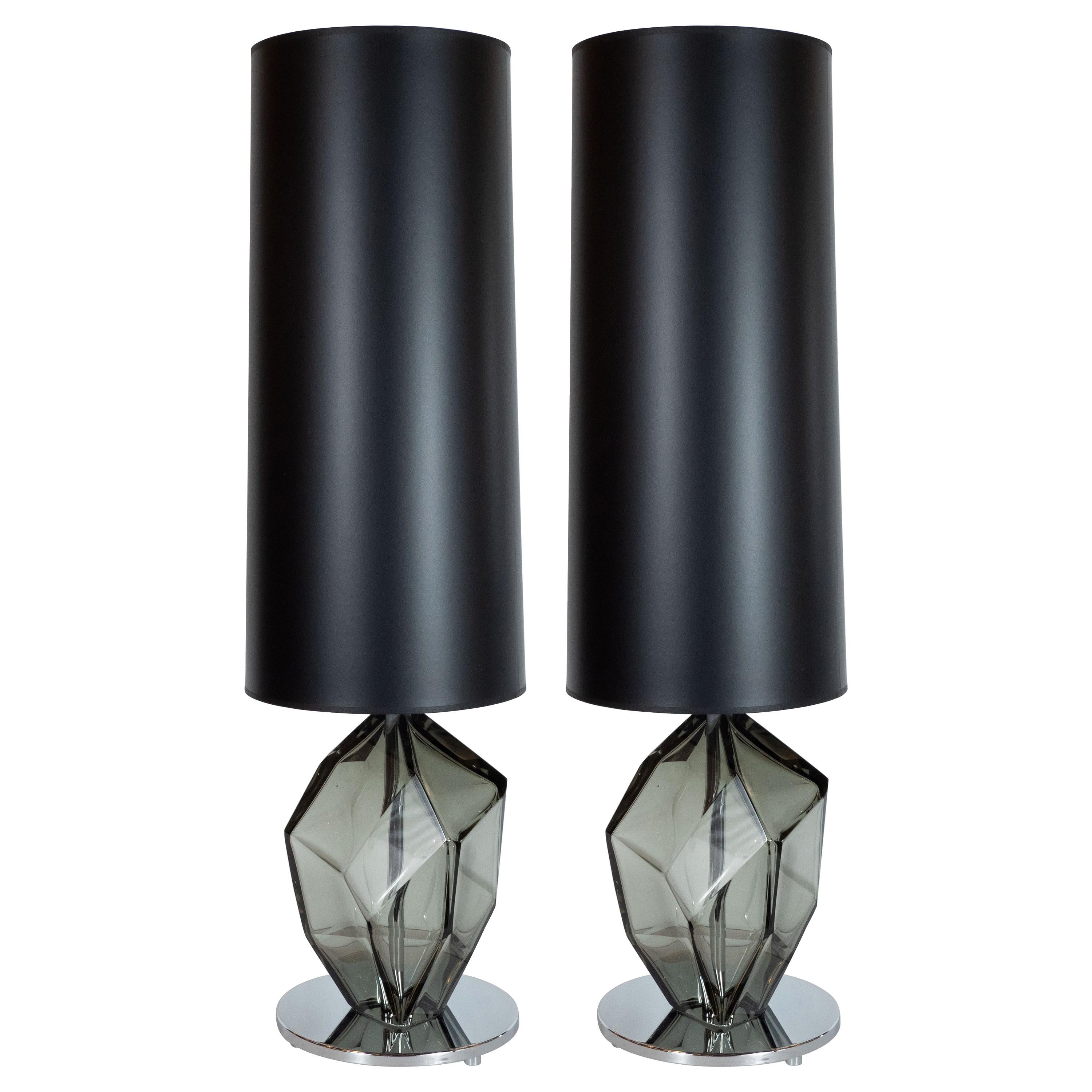 Pair of Smoked Pewter Faceted Murano Glass Table Lamps with Nickel Fittings For Sale