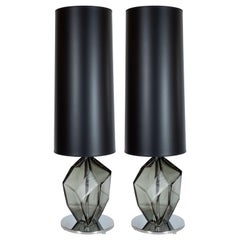 Pair of Smoked Pewter Faceted Murano Glass Table Lamps with Nickel Fittings