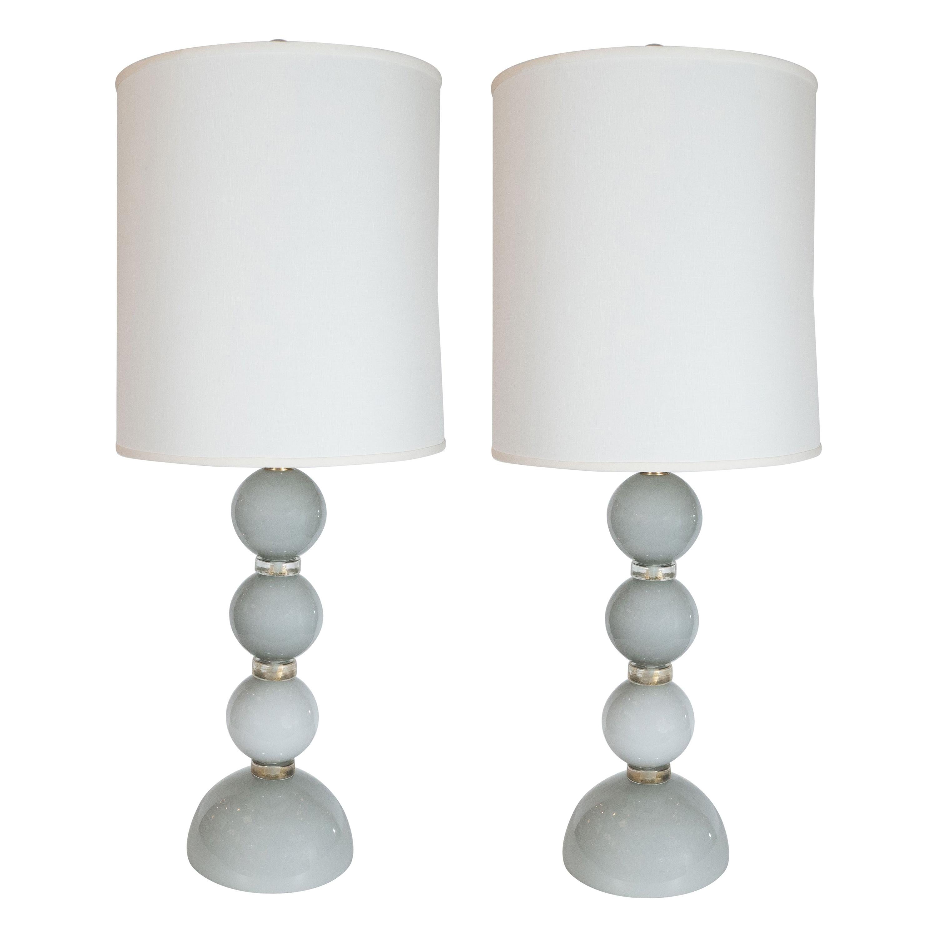 Pair of Modernist Dove Grey Murano Glass Table Lamps with 24-Karat Gold Bands For Sale