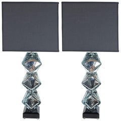 Pair of Modernist Sculptural Diamond Form Hand Blown Murano Mercury Glass Lamps