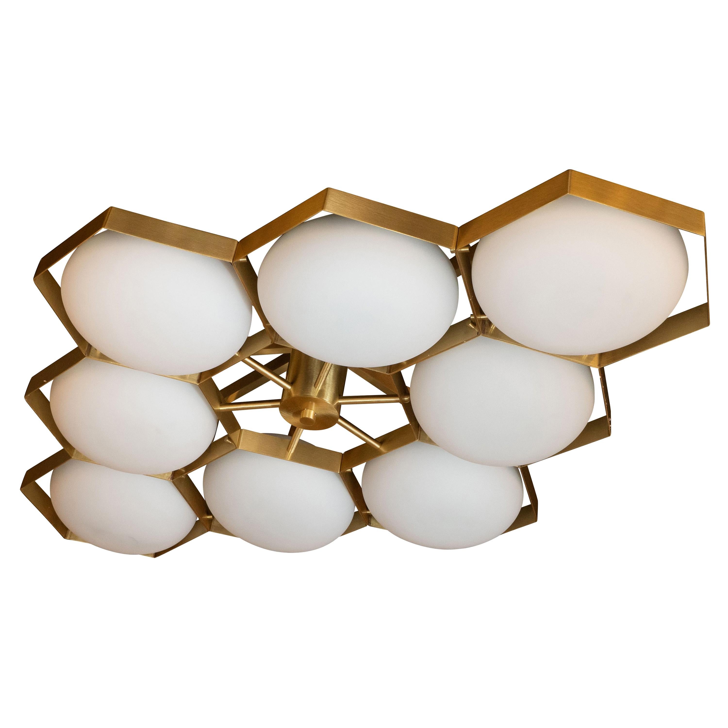 Modernist Brass Handblown Murano Glass 8 Arm "Honeycomb" Flush Mount Chandelier For Sale