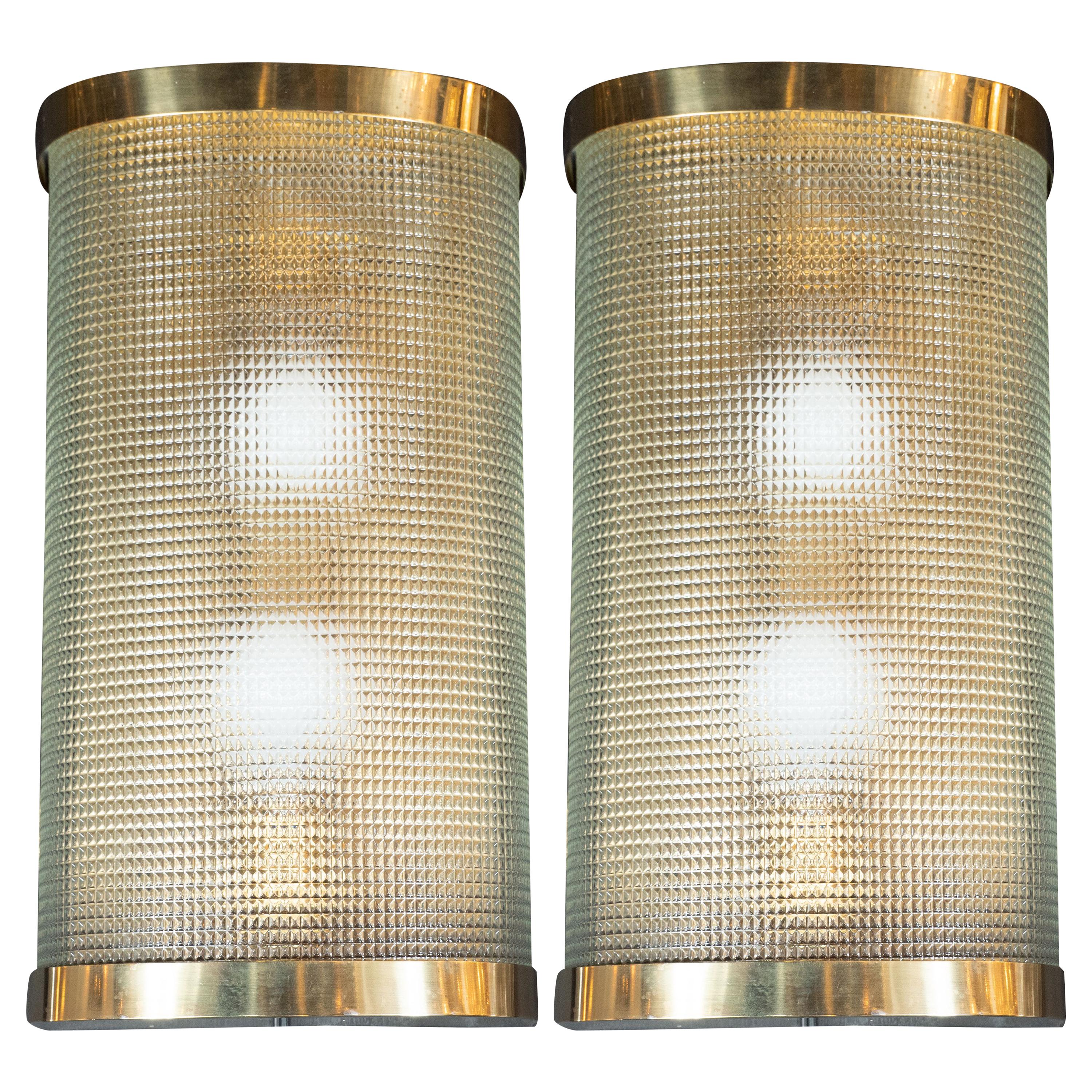 Mid-Century Modern Brass Wrapped Sconces with Rectlinear Textured Glass Shades