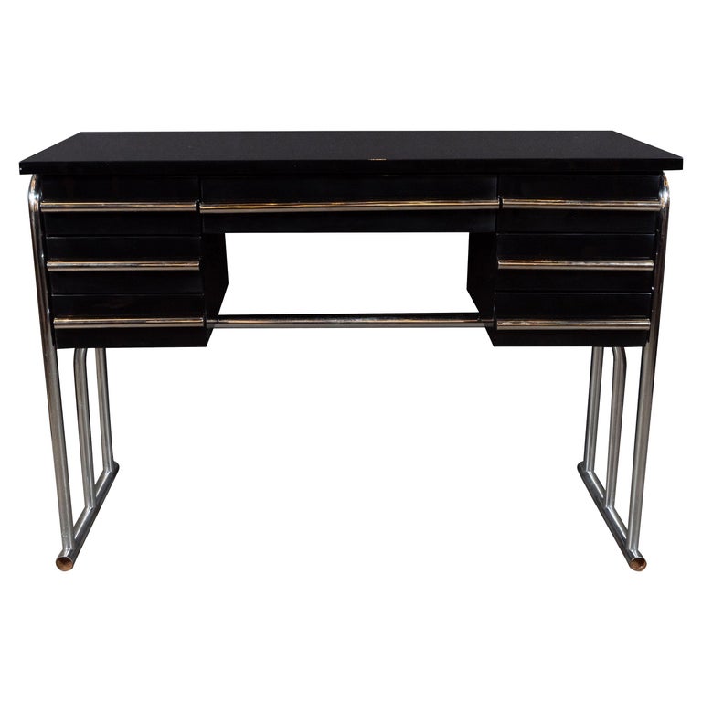 Art Deco Machine Age Chrome and Black Lacquer Writing Desk/Vanity at 1stdibs