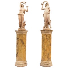 Antique Pair of Nymphs Sculptures on Columns in Painted Ceramic, 1880-1905
