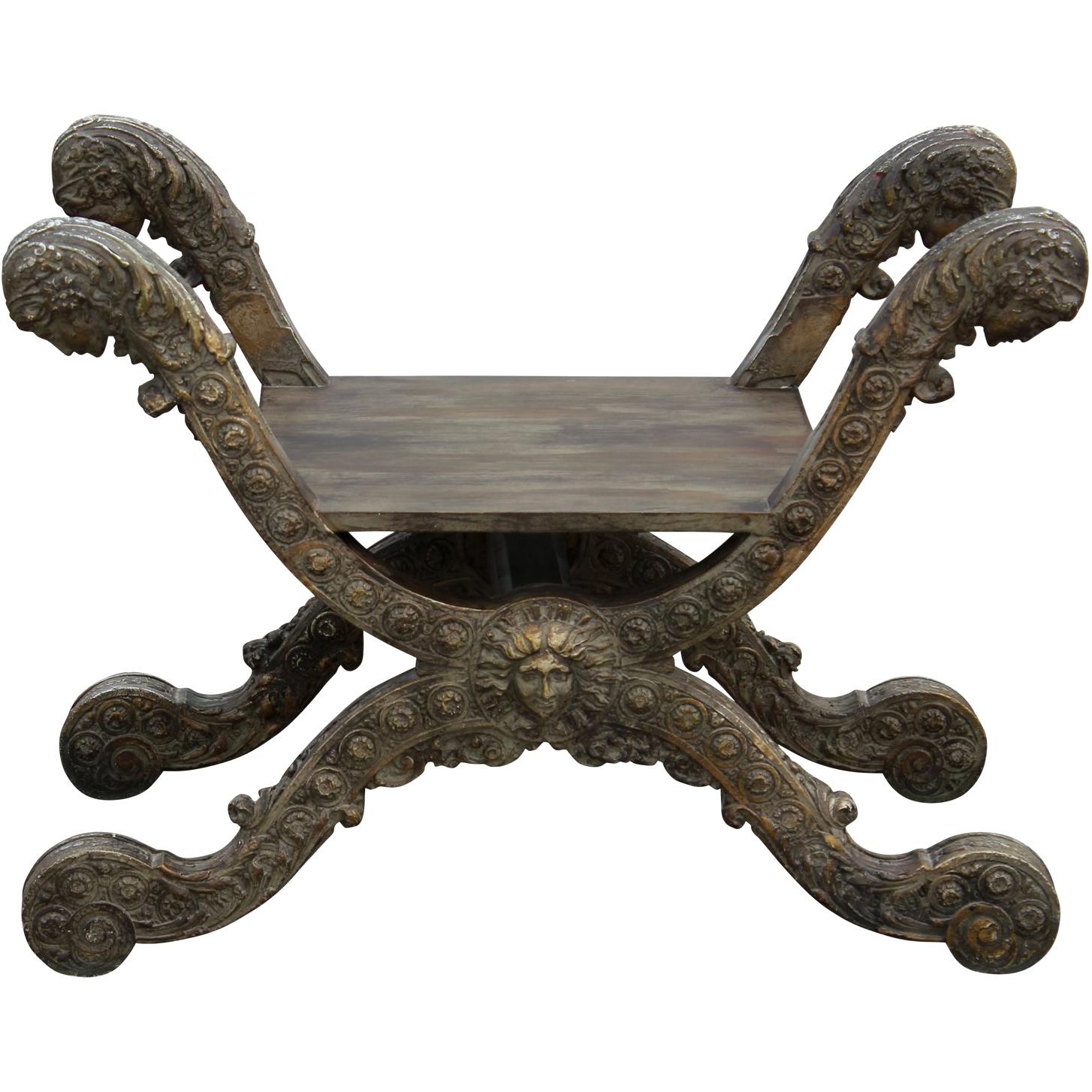 French Renaissance Style Curule Resin and Wood Stool or Bench