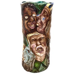 Unique Retro Hand-Painted Vase with Faces Ascribable to Tullio d'Albisola