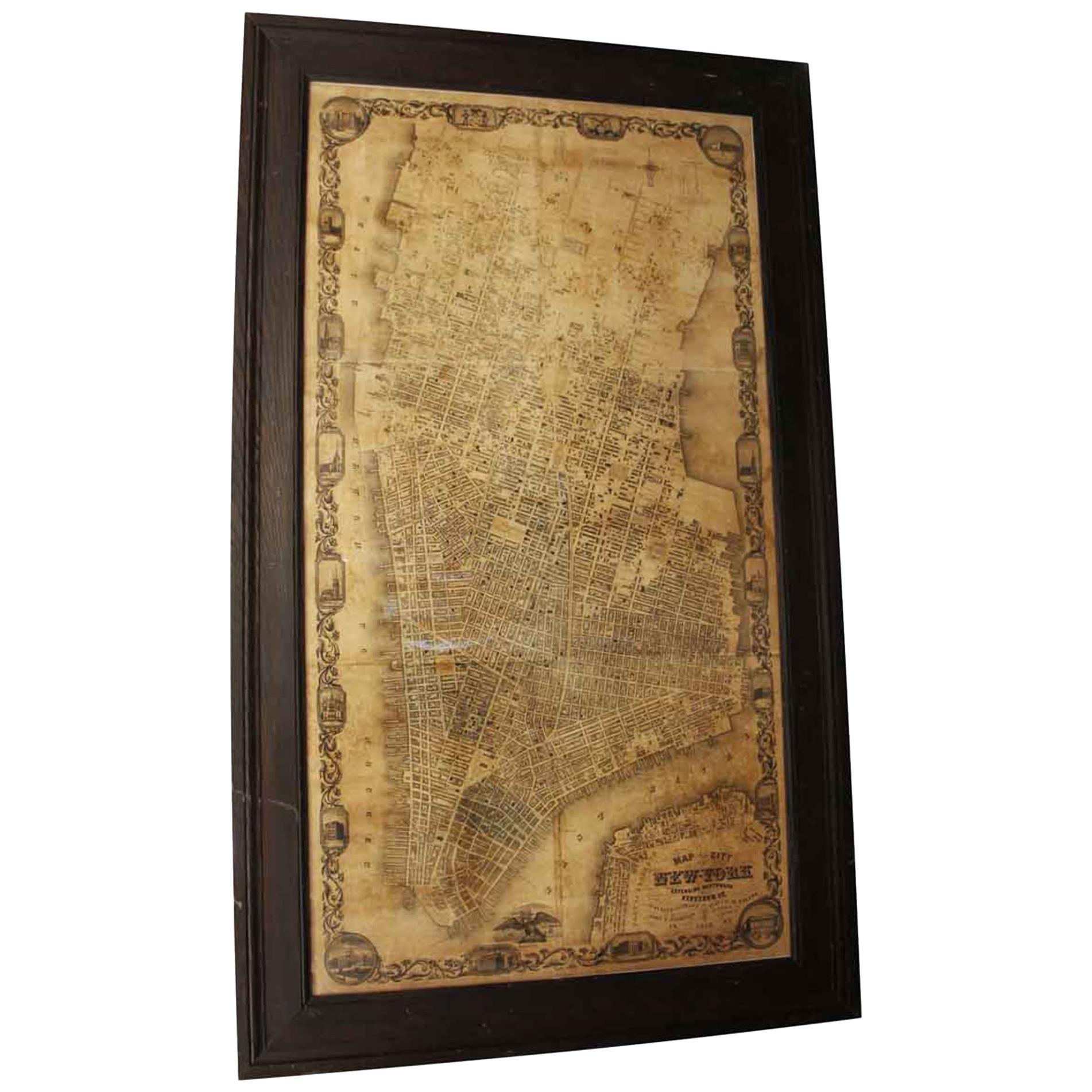 Framed Replica Map of 1852 City of New York in a Wood Frame