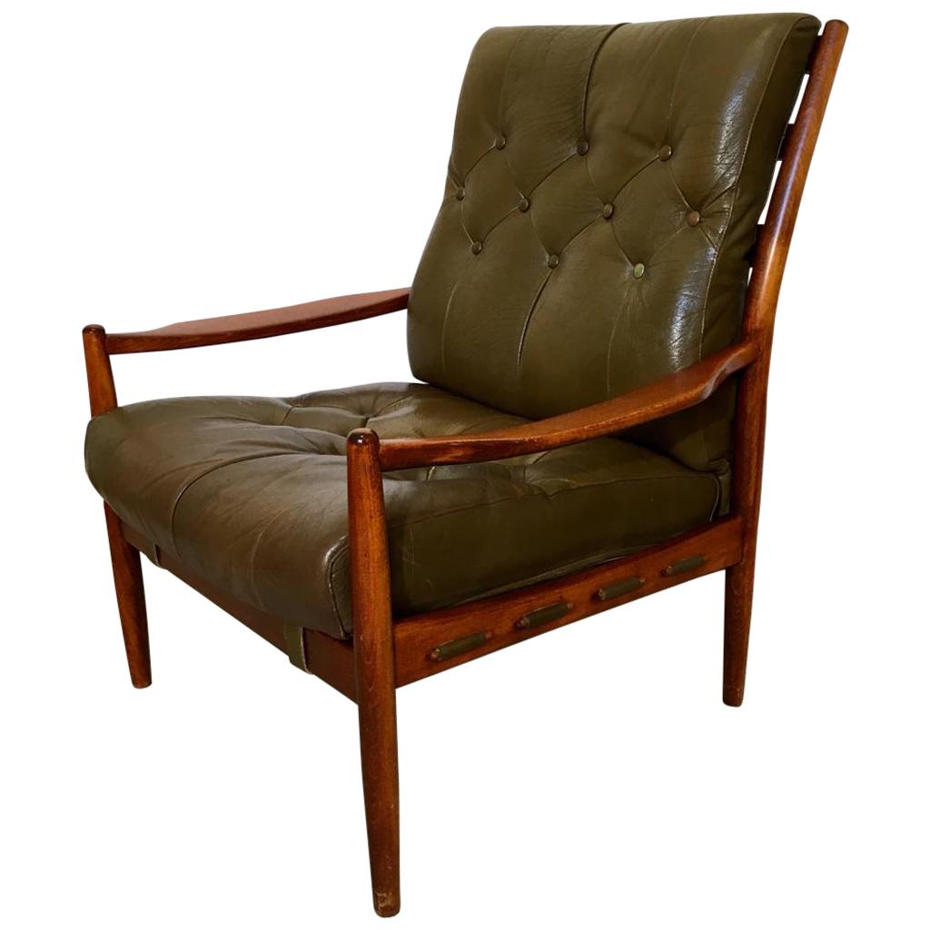 Swedish Green Leather and Mahogany Läckö Easy Chair by Ingemar Thillmark for OPE For Sale