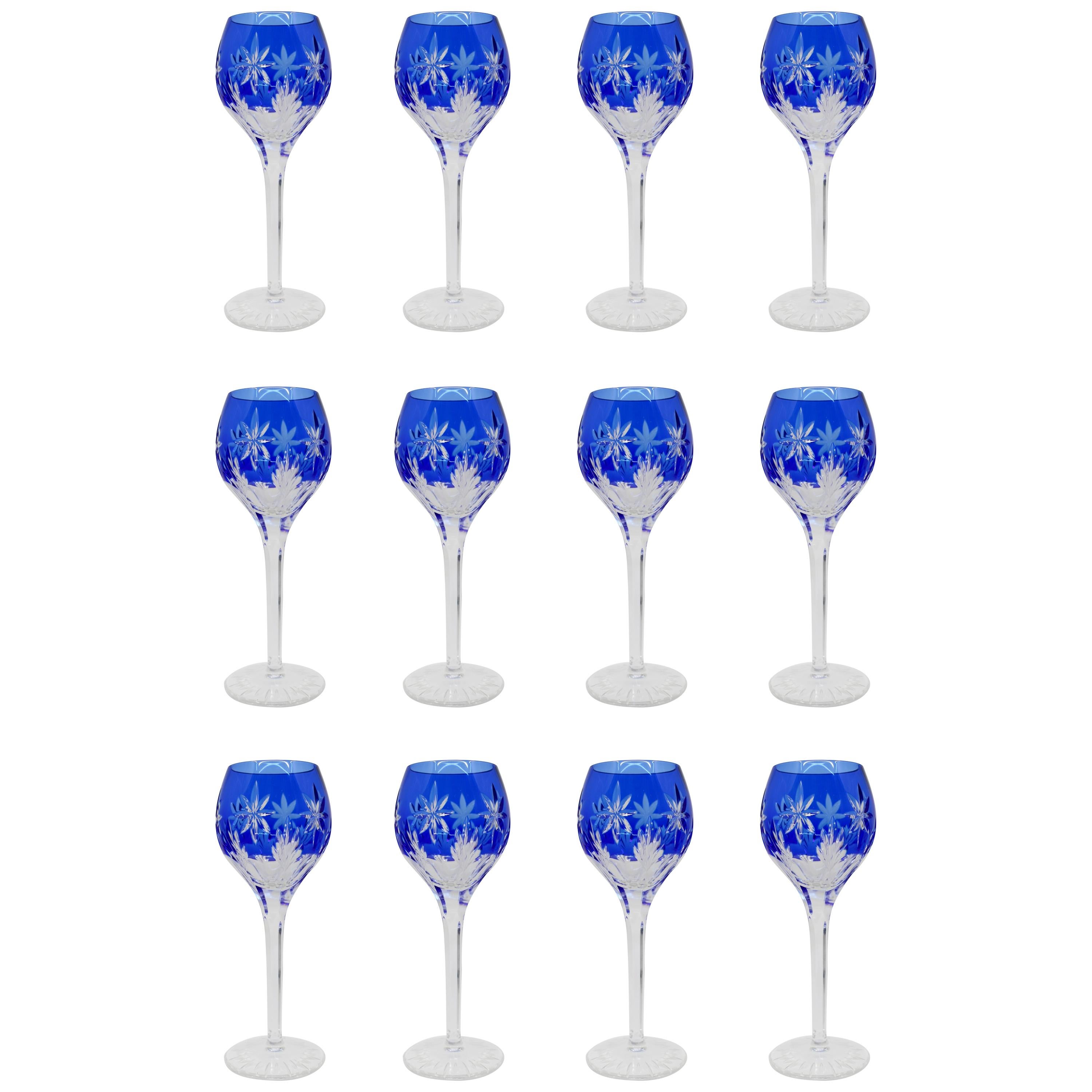 Set of 12 Fine Vintage Blue Overlay Crystal Wine Glasses For Sale