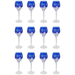 Set of 12 Fine Vintage Blue Overlay Crystal Wine Glasses