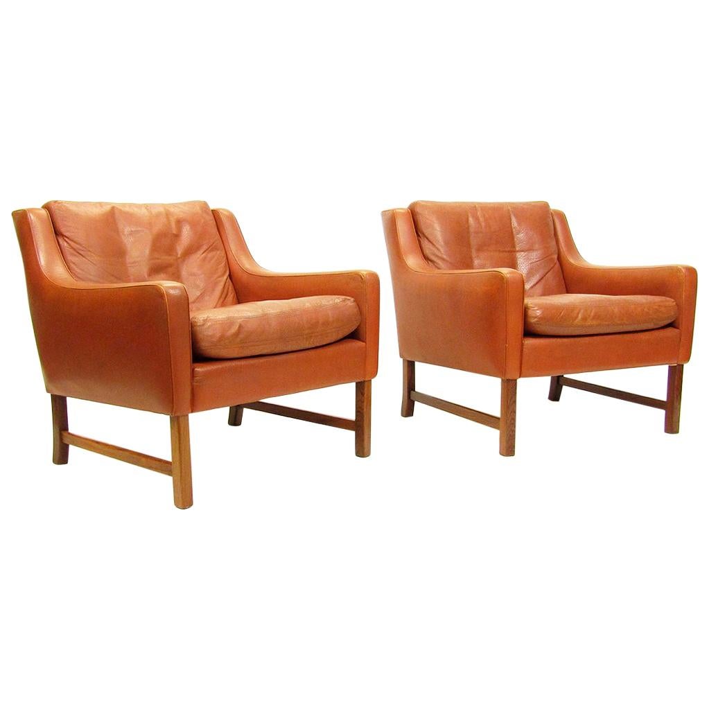 Two Lounge Club Chairs in Cognac Leather by Fredrik Kayser