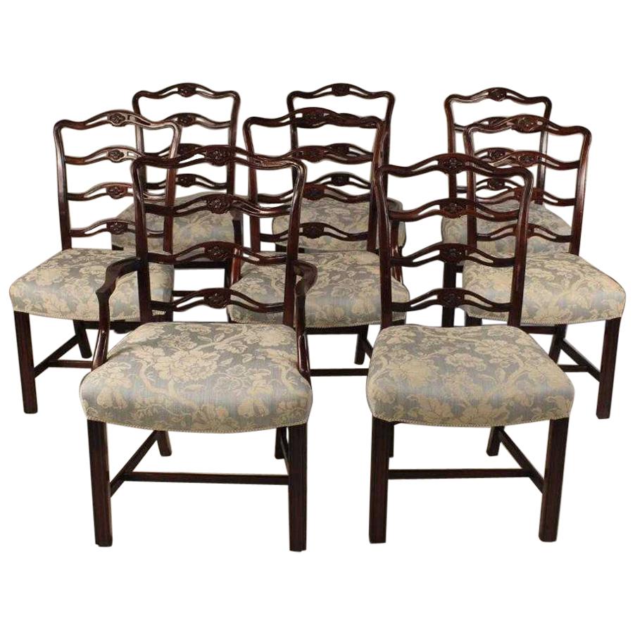 Set of 8 Mahogany Chippendale Style Ribbon Back Dining Chairs, Fabric Seats For Sale