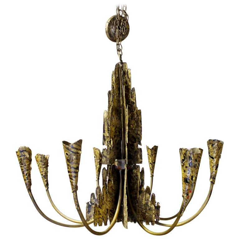 Mid Century Modern Brutalist Torchcut Brass Chandelier Fixture Evans Greene