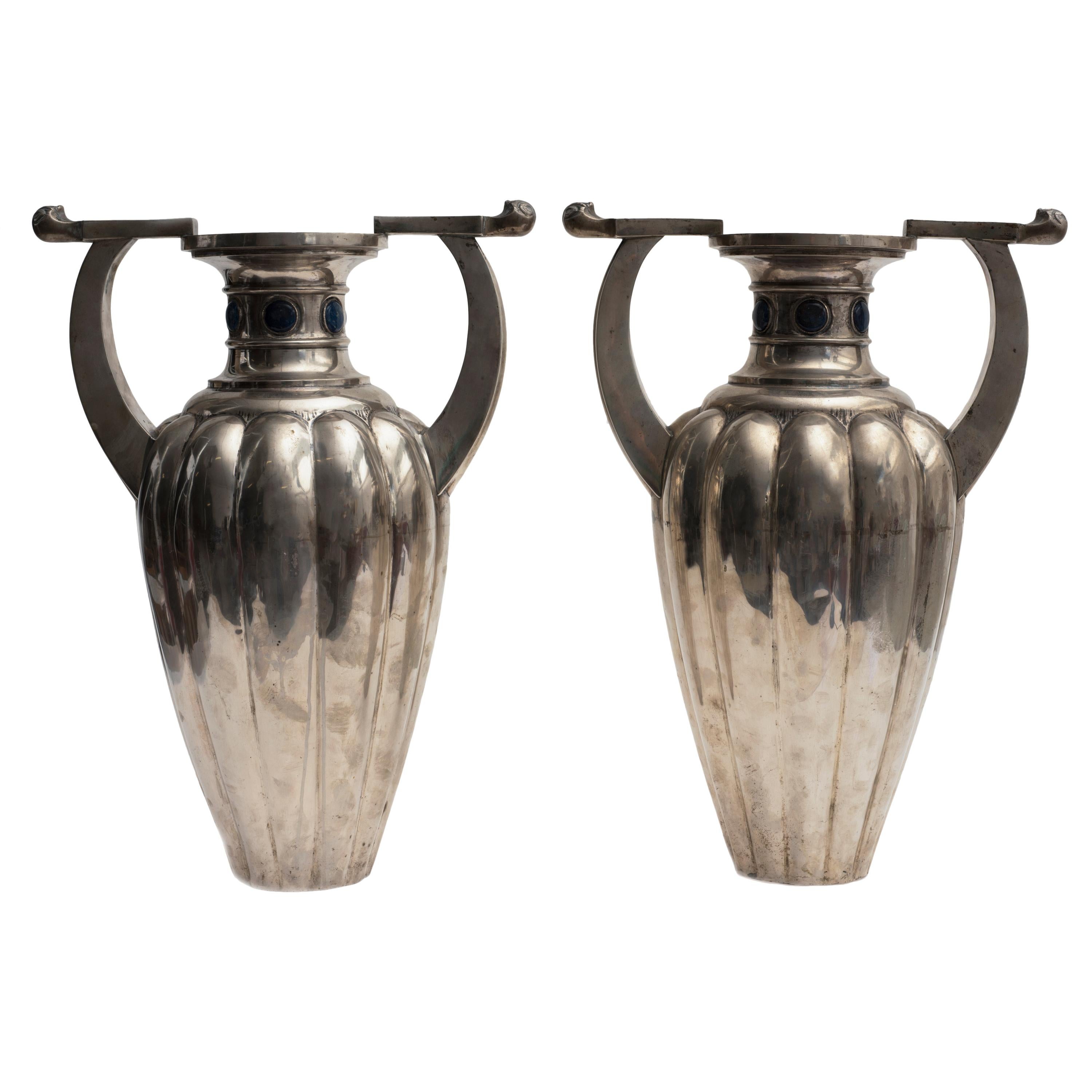 Pair of Two-Handles Silver 800 Vases by Bellotto For Sale