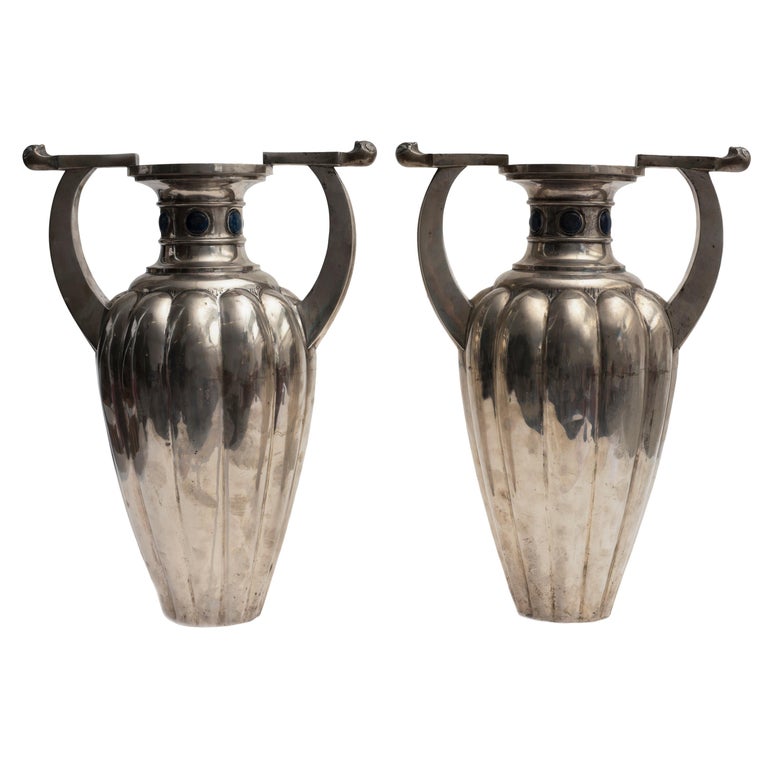 Pair of TwoHandles Silver 800 Vases by Bellotto For Sale at 1stDibs