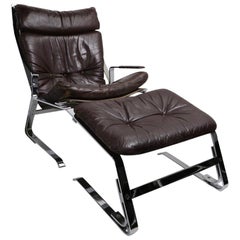 Retro Pirate Chrome and Leather Lounge Chair and Ottoman