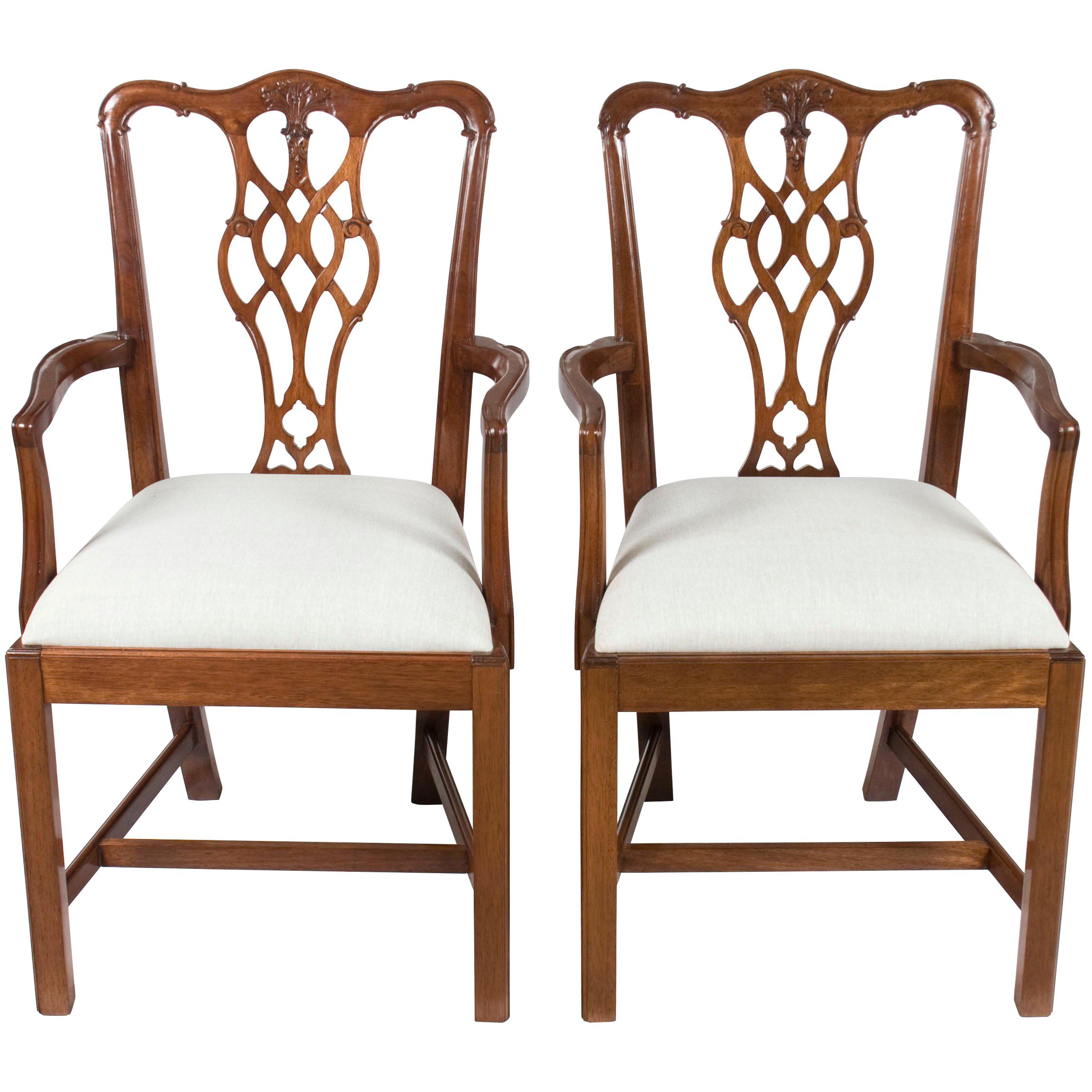 Pair of Carved Mahogany Chippendale Style Dining Room Armchairs For Sale