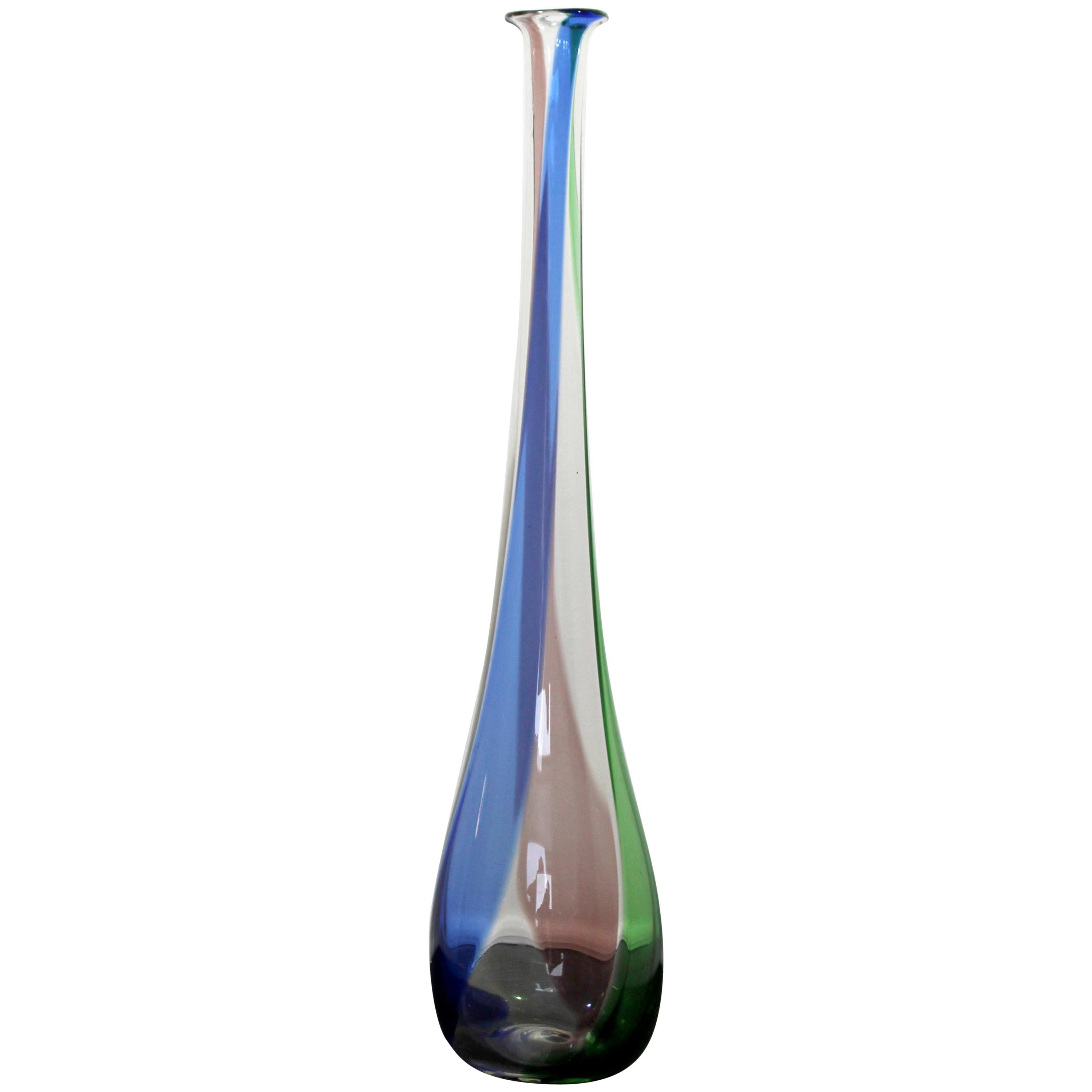 Mid-Century Modern Tall Tri Colored Murano Glass Art Vase 1970s Italy Green Blue