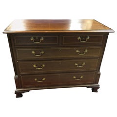English Chippendale Chest with Inlay, Banded Top, Columns, and Brass Handles