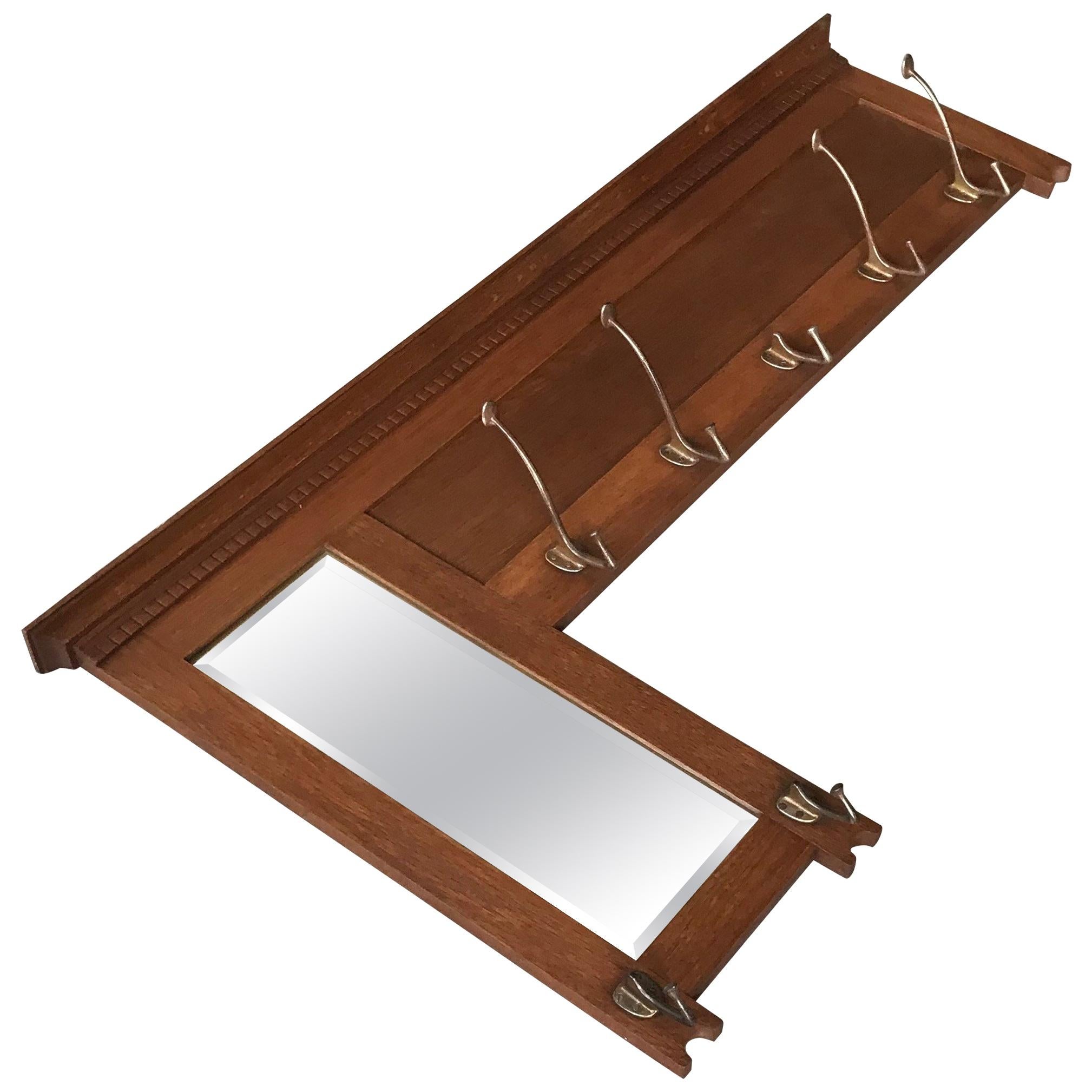 Large Stylish and Practical Arts and Crafts Wall Coat Rack with Beveled Mirror For Sale