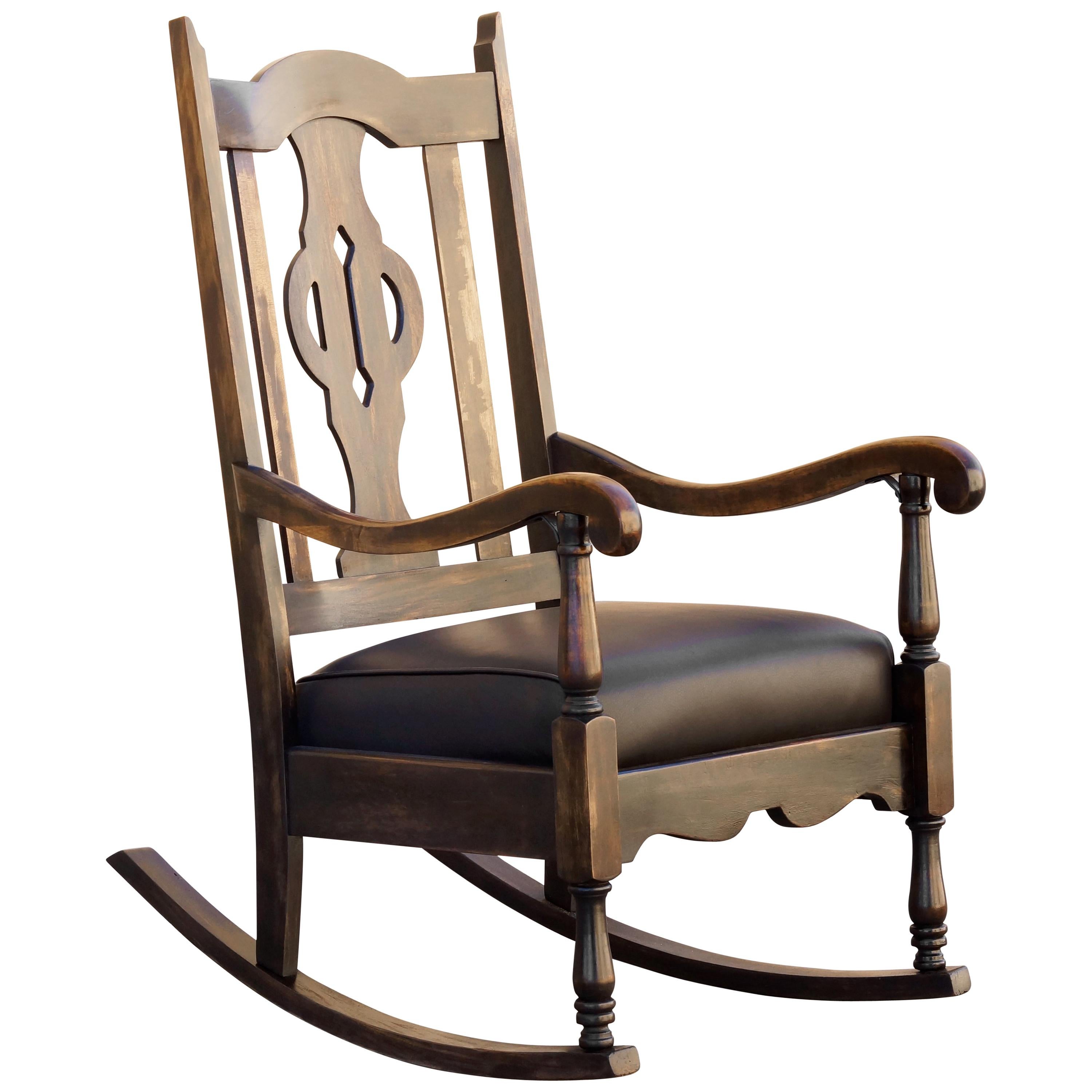 Antique Mission Style Rocking Chair, Refinished Maple and Leather