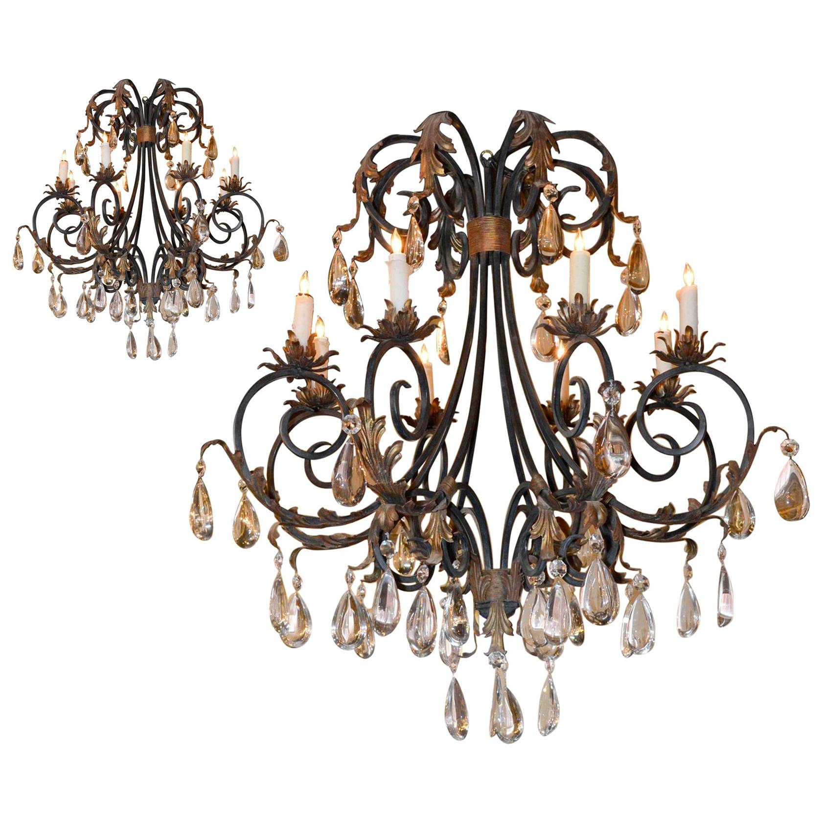 Pair of Large Scale Iron and Crystal Chandeliers
