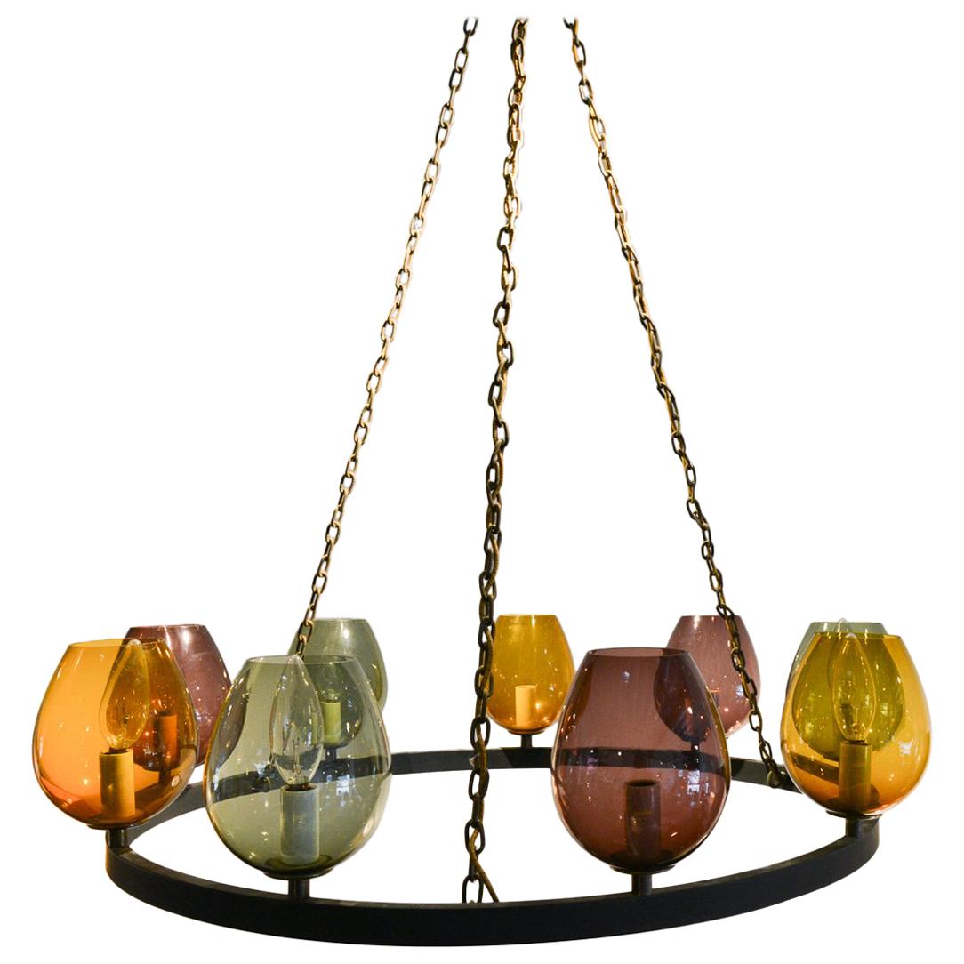 Colored Blown Glass and Round Metal Chandelier, circa 1970
