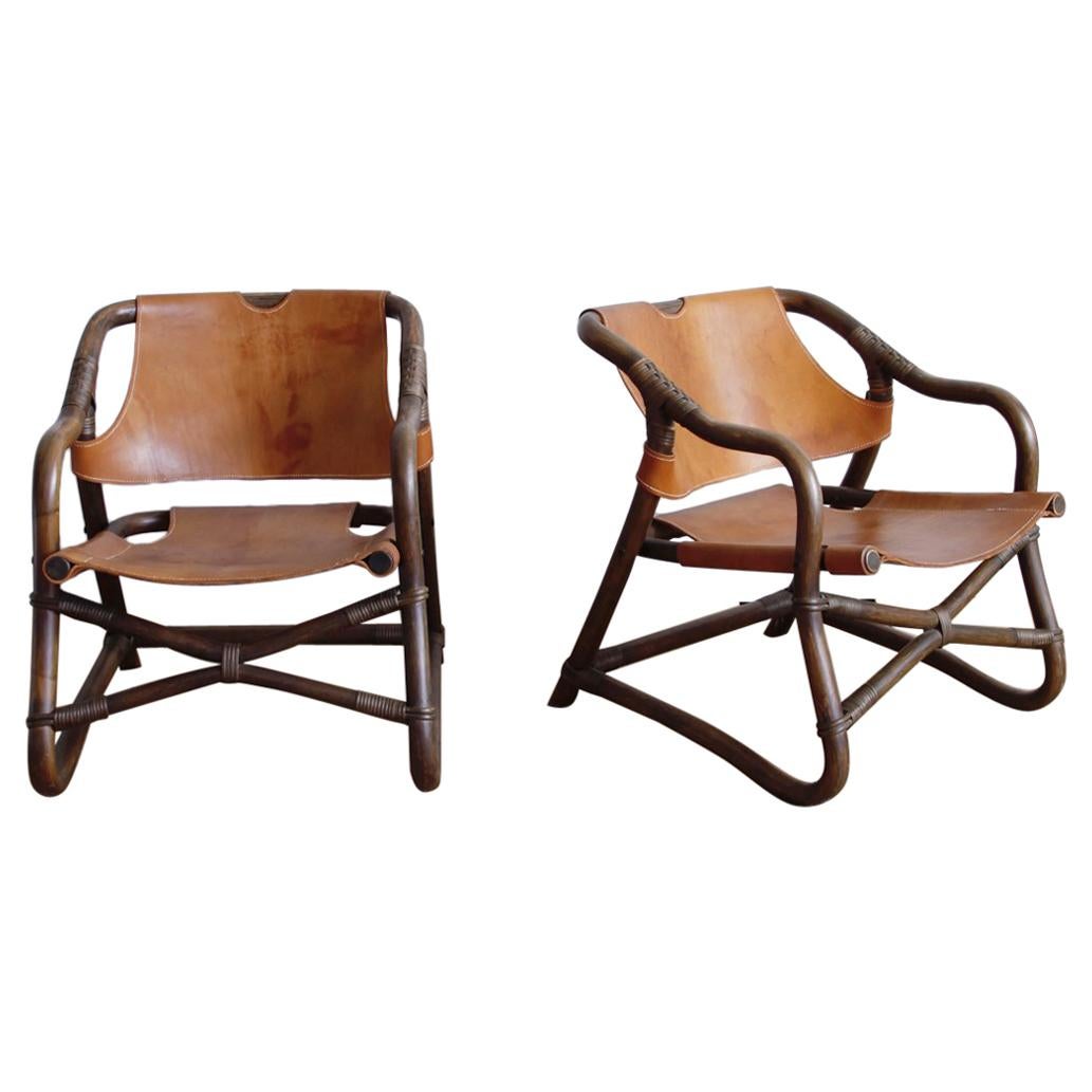 Pair of Bent Bamboo and Leather Lounge Chairs