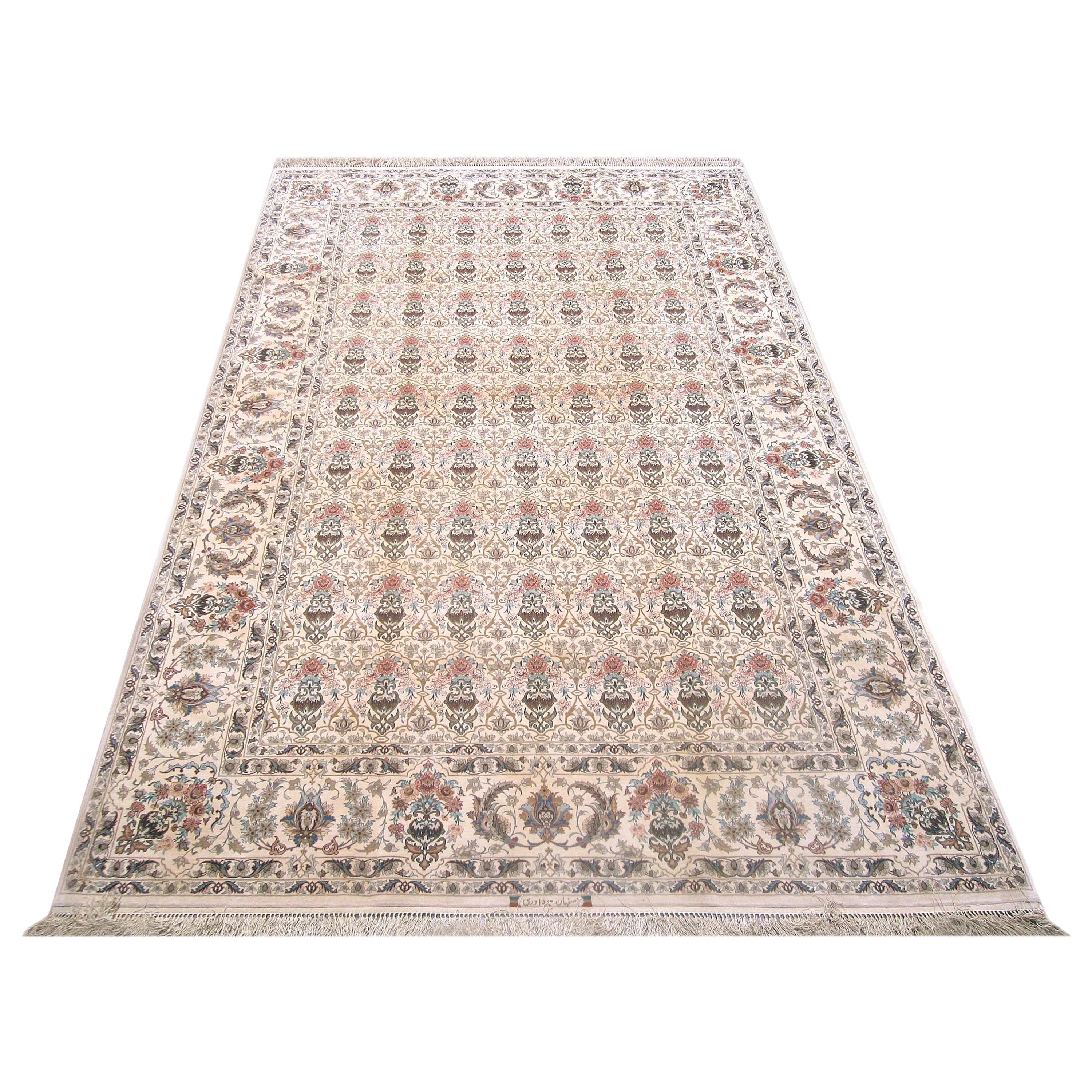 Persian Hand Knotted All-Over Floral Silk Isfahan Rug 18 Kheft For Sale