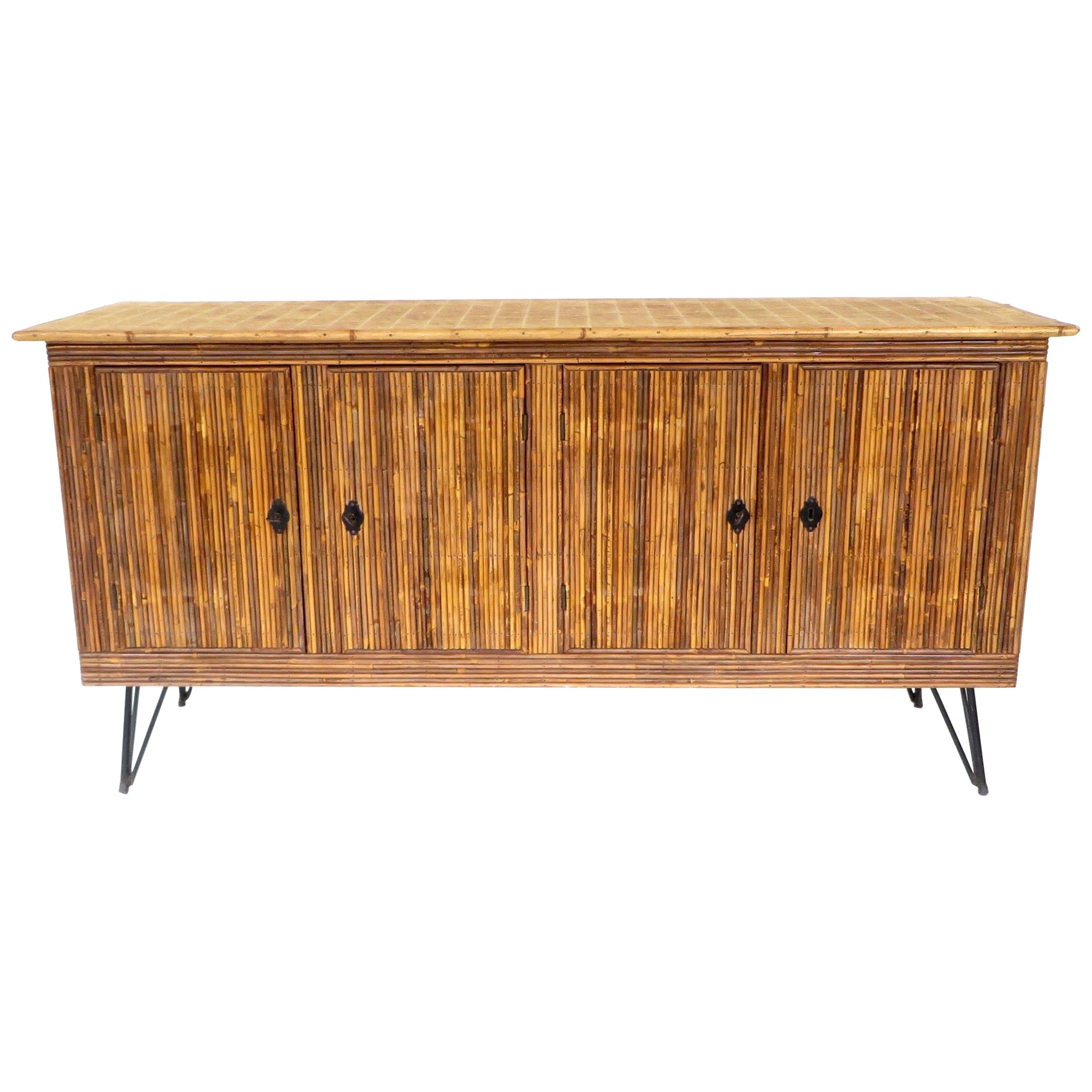 French Bamboo or Split Reed Grass Cloth Topped Four-Door Buffet on Iron Legs