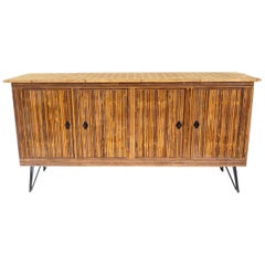 Vintage French Bamboo or Split Reed Grass Cloth Topped Four-Door Buffet on Iron Legs