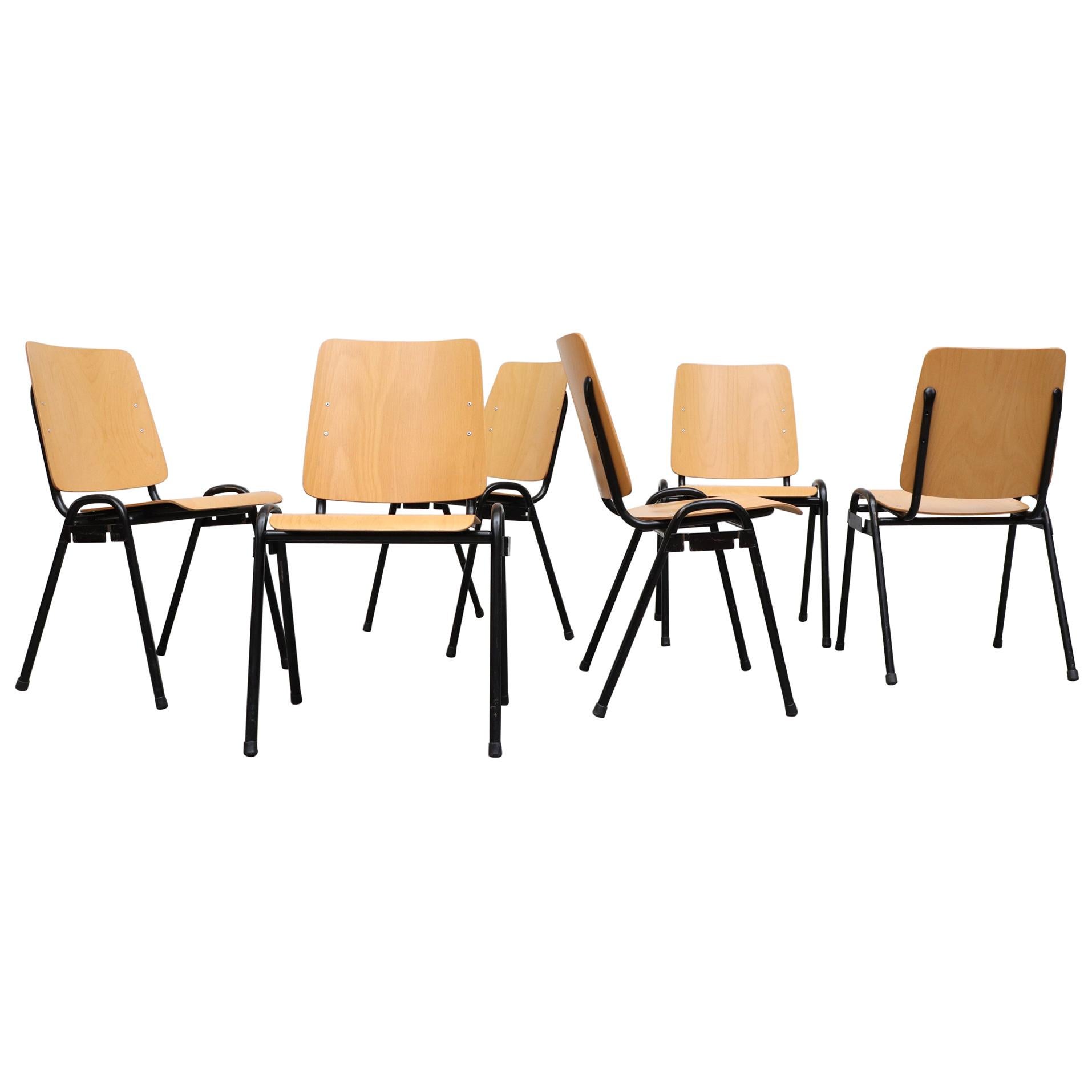 Kho Liang Ie Attributed Blonde Plywood and Tubular Metal Stacking Chairs