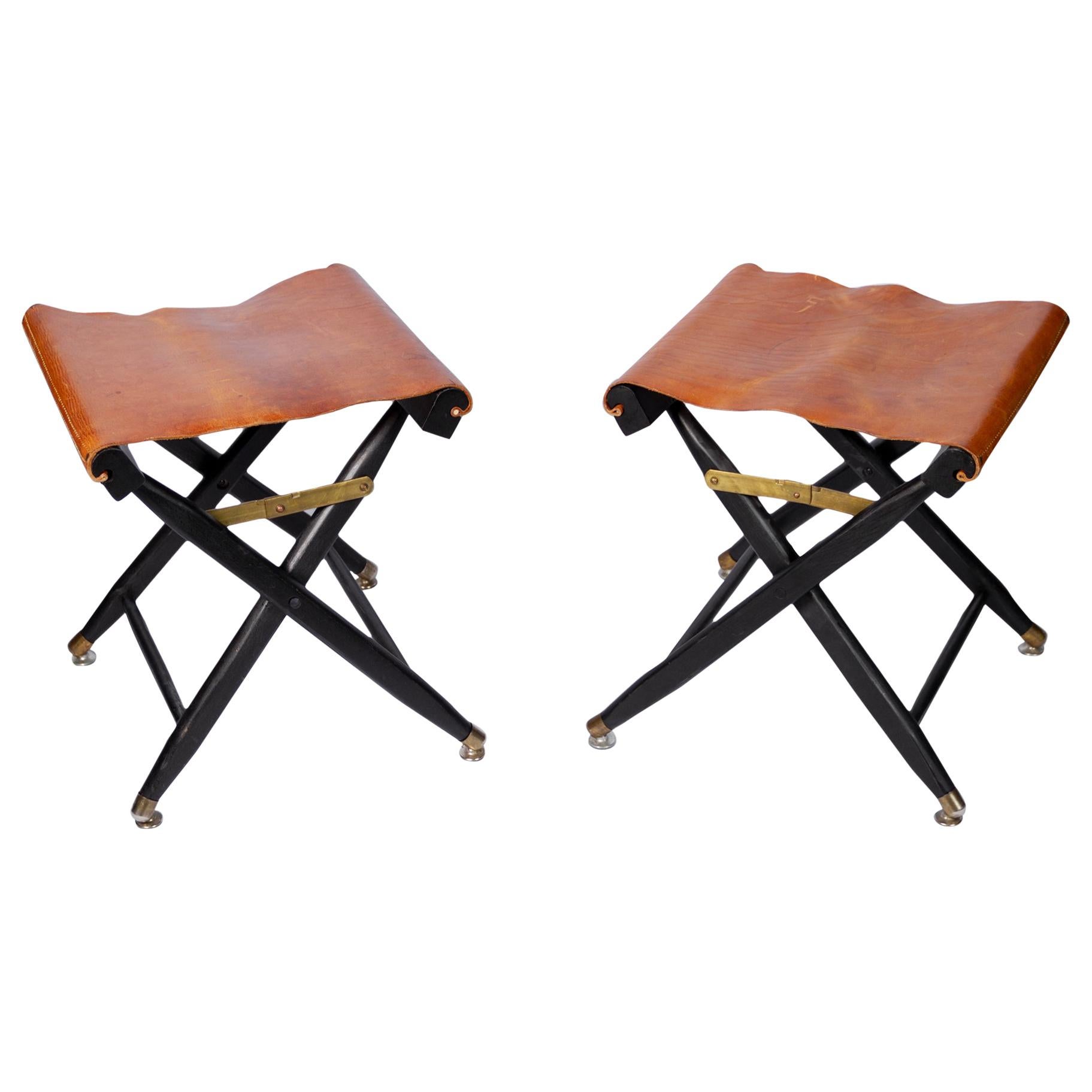 Pair of French Leather Folding Stools, 1940s