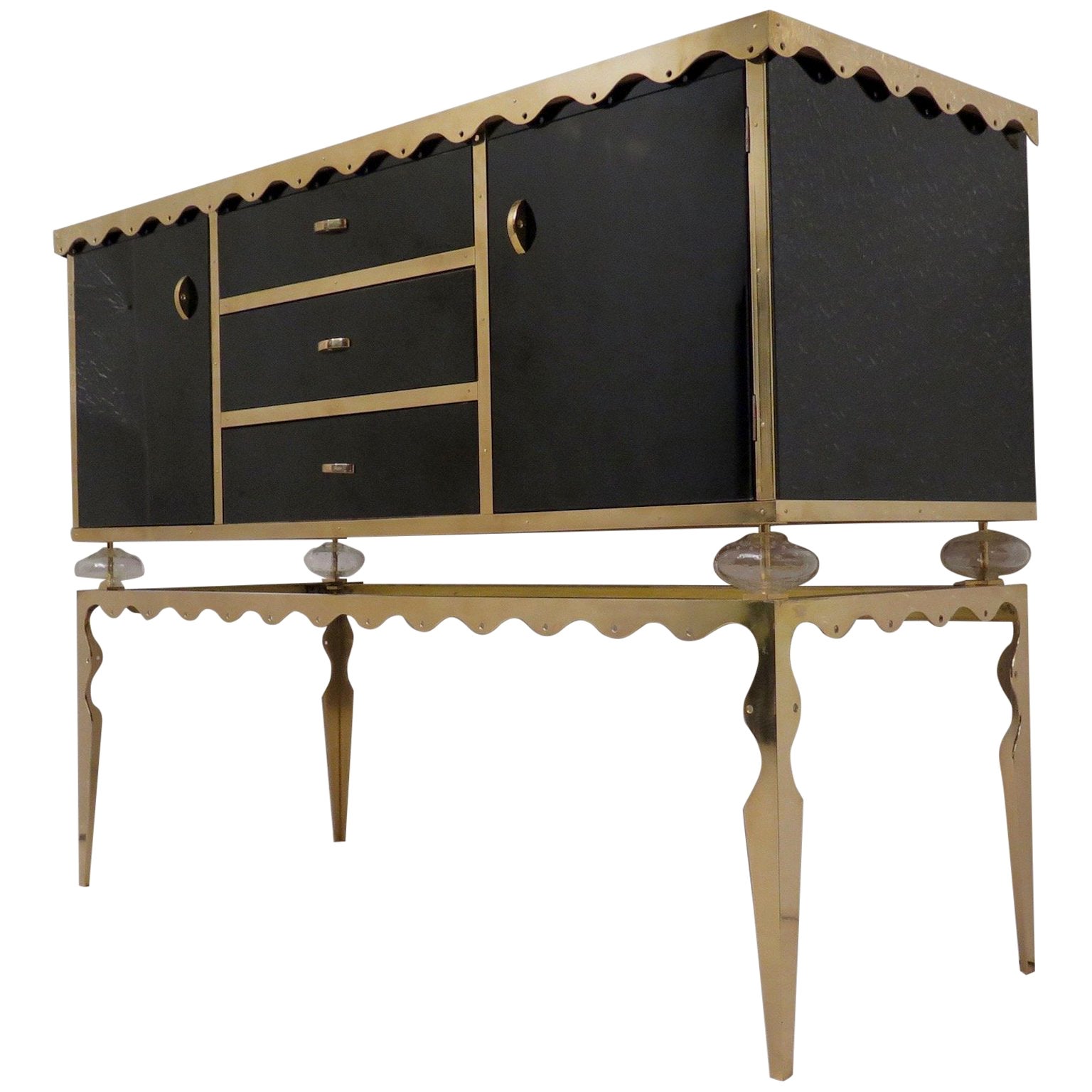 Midcentury Green Gold and ivory Colored Glass Sideboards, 1980 For Sale