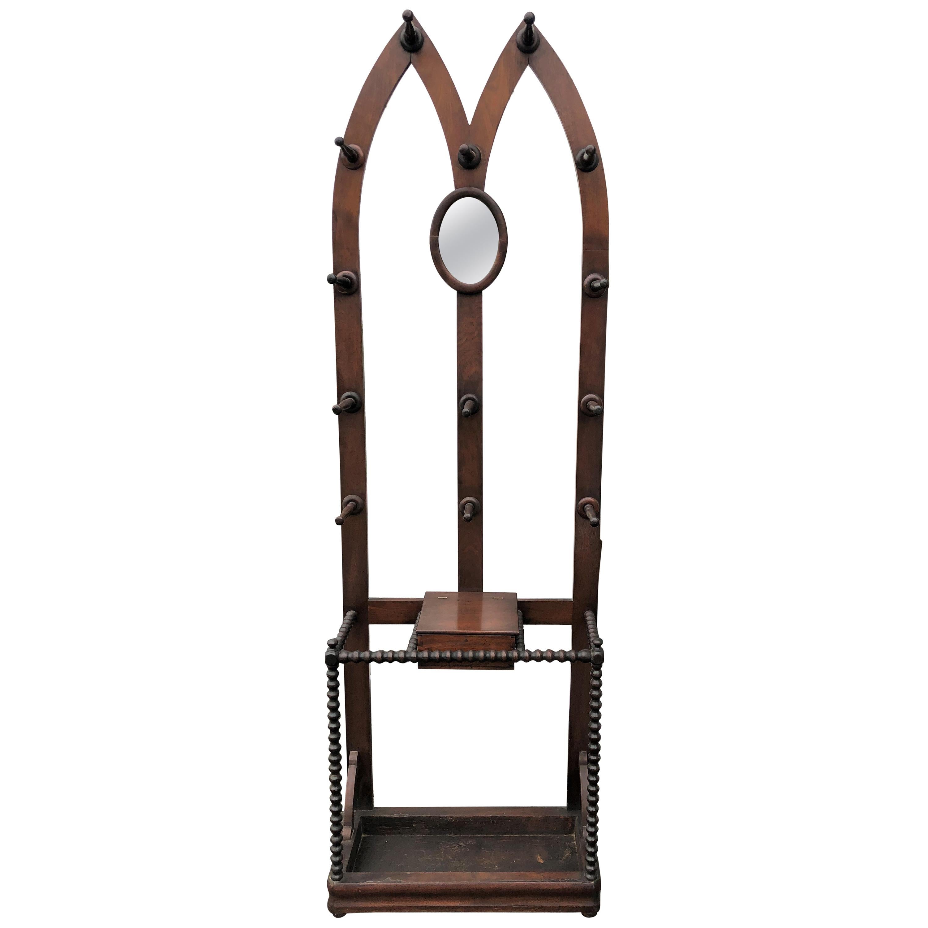 Gothic Revival Hall Tree with Mirror, Umblrella Stand, circa 1870 For Sale