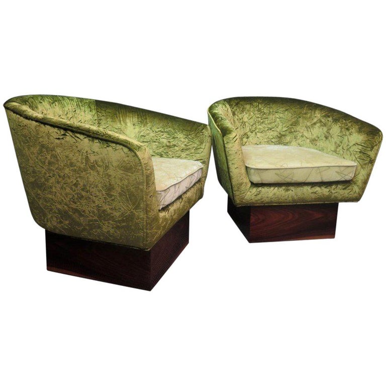Pair Of Green Velvet And Walnut Wood Basis Italian Art Deco