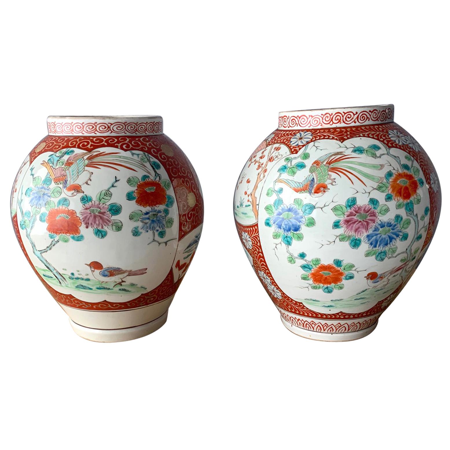 Near Pair of Antique Japanese Arita Export Ceramic Jars