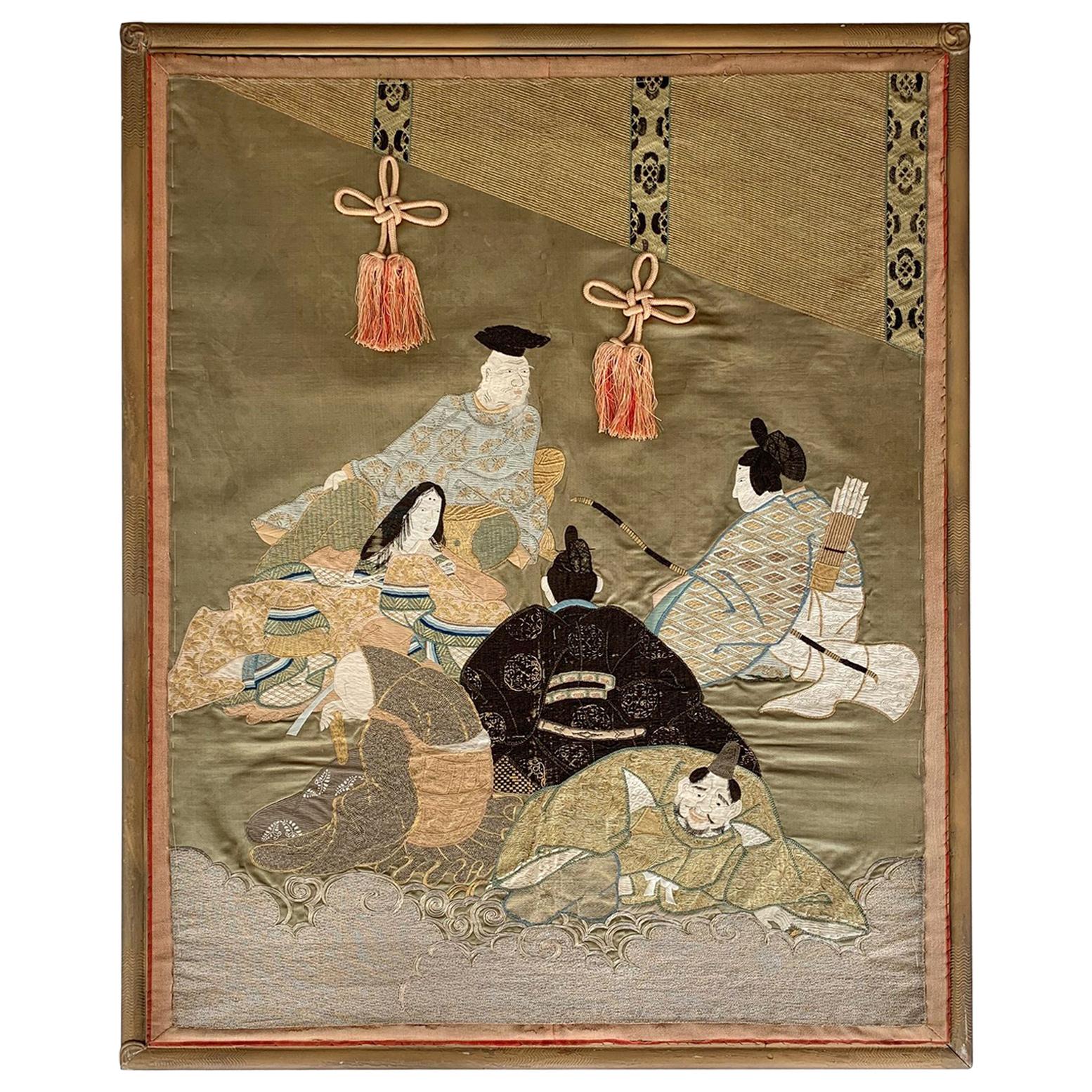 Framed Japanese Embroidery Textile Art from Meiji Period