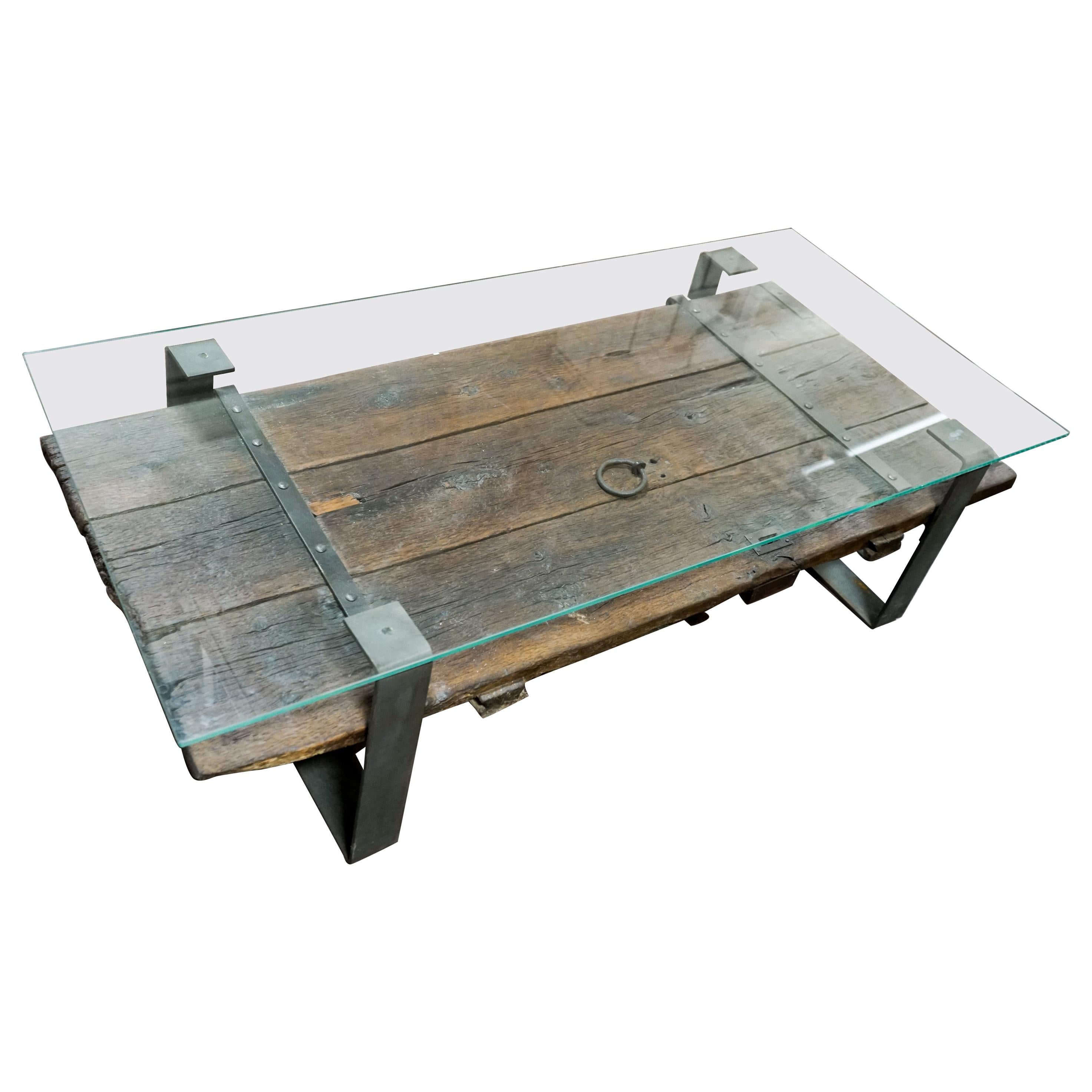 Antique Door Coffee Table with Glass Top